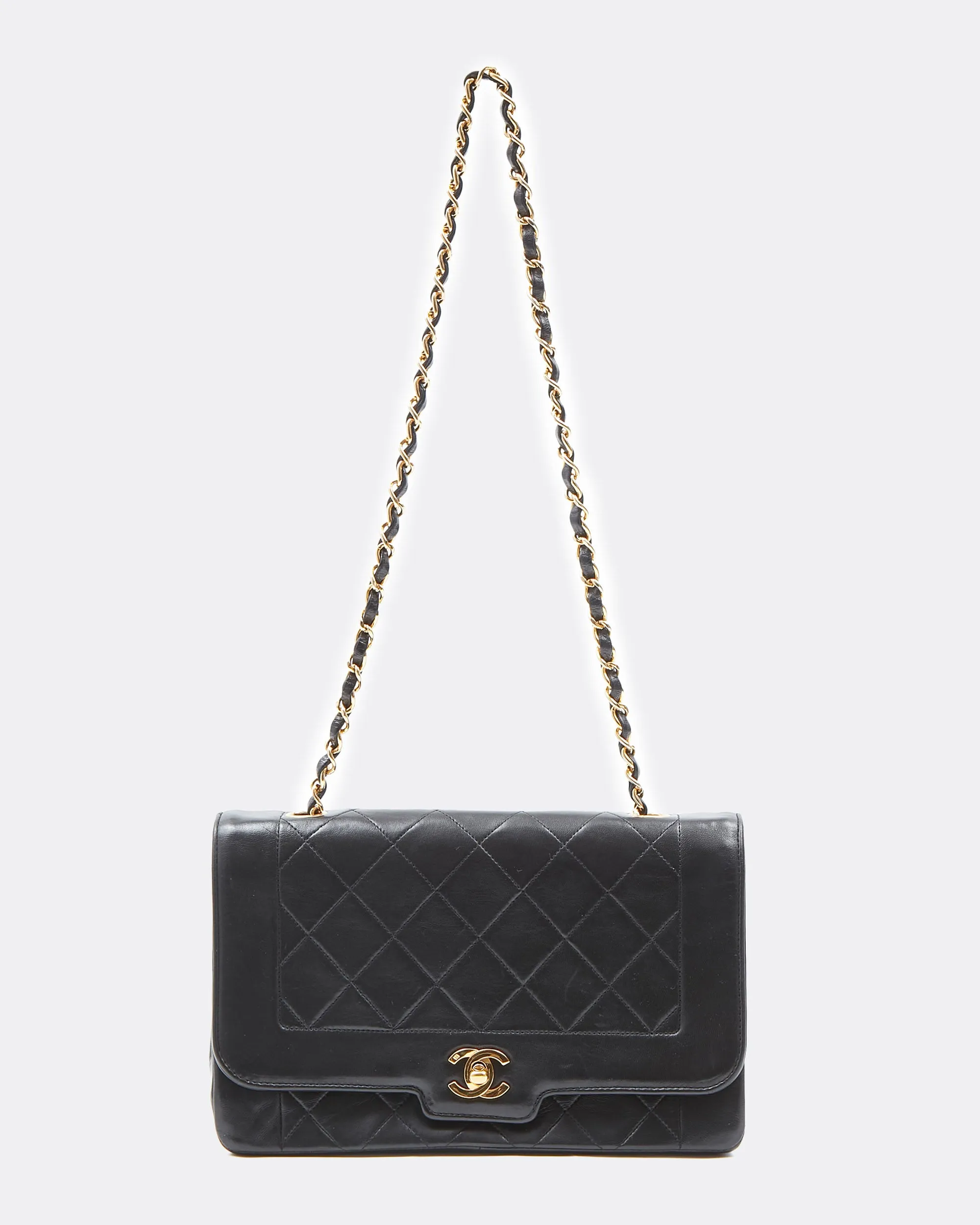 Chanel Black Lambskin Leather Quilted 24K Gold Diana Flap Bag