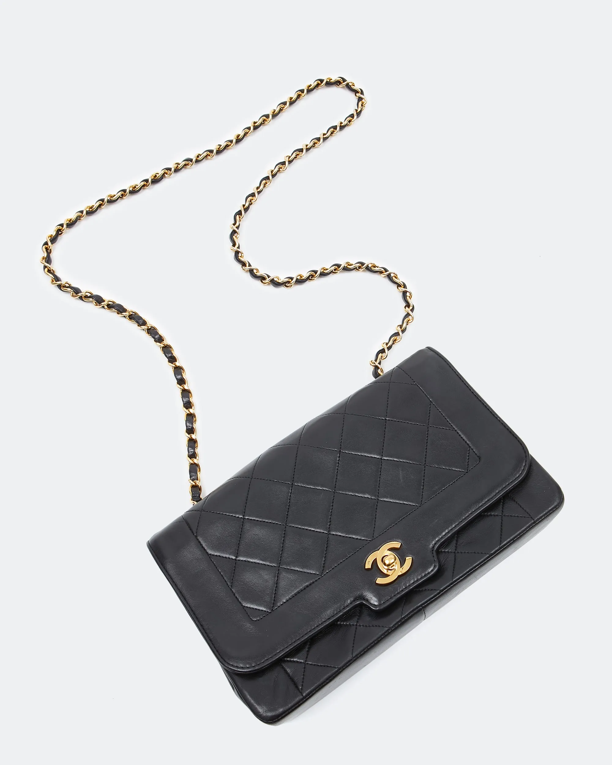 Chanel Black Lambskin Leather Quilted 24K Gold Diana Flap Bag