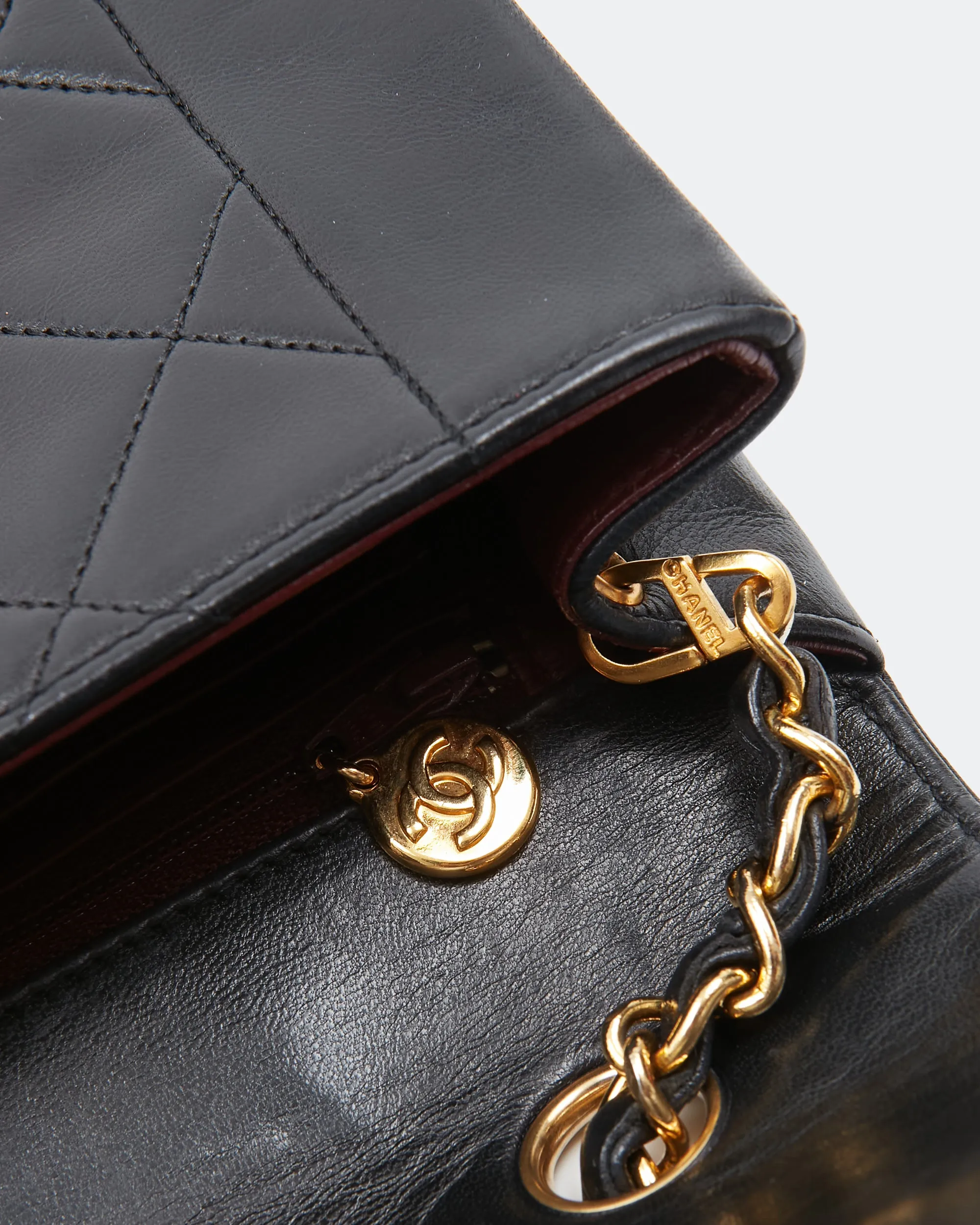Chanel Black Lambskin Leather Quilted 24K Gold Diana Flap Bag