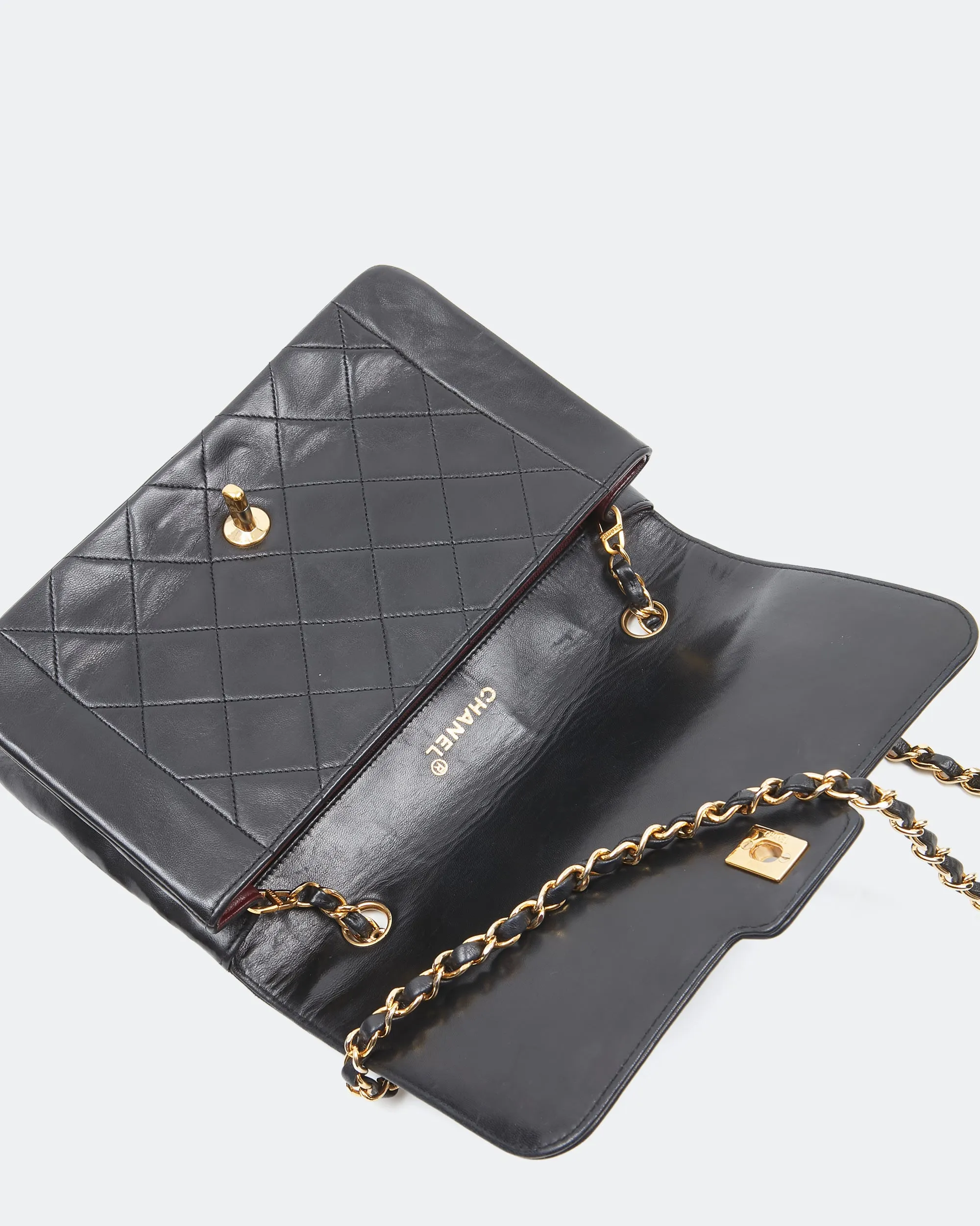 Chanel Black Lambskin Leather Quilted 24K Gold Diana Flap Bag