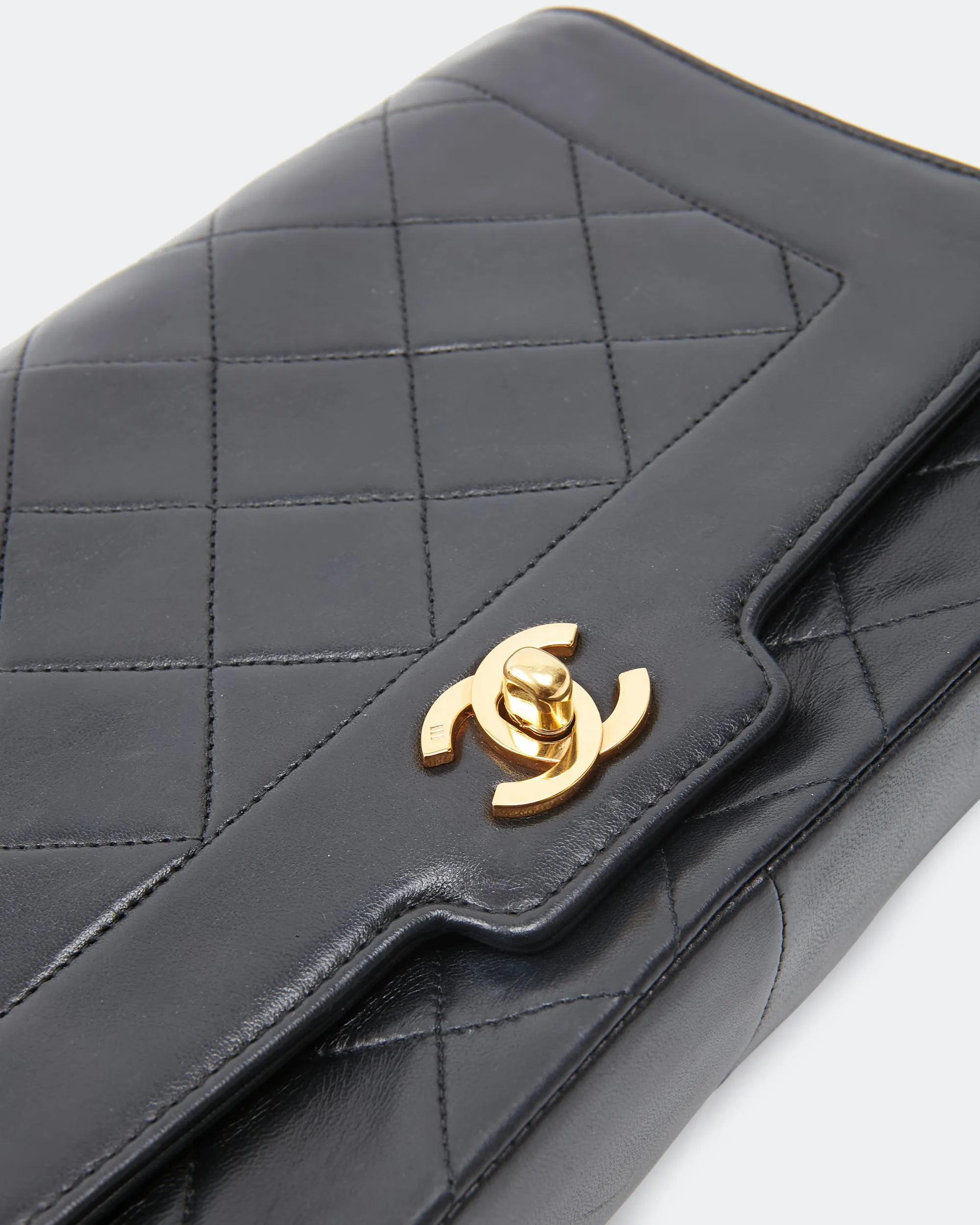 Chanel Black Lambskin Leather Quilted 24K Gold Diana Flap Bag