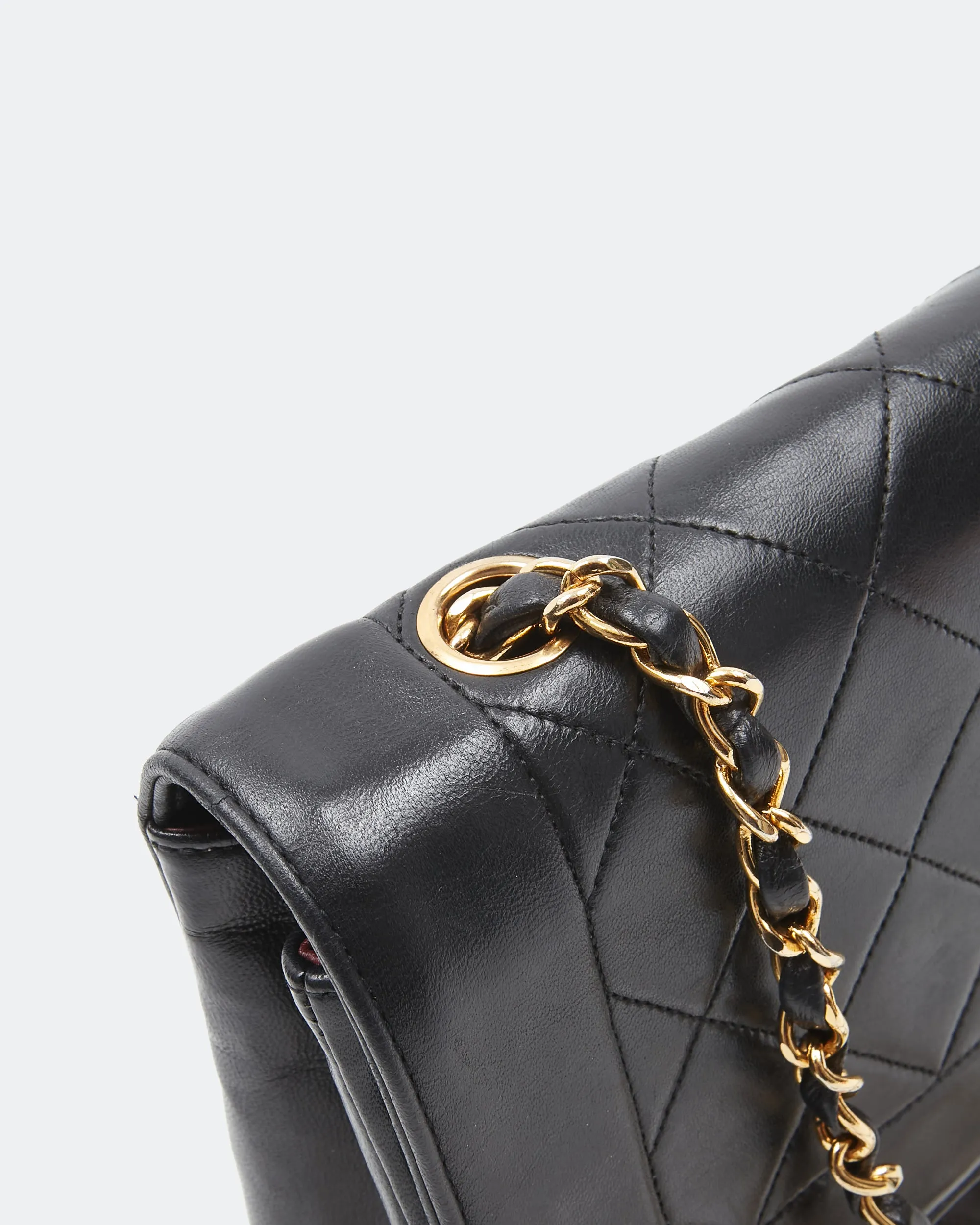 Chanel Black Lambskin Leather Quilted 24K Gold Diana Flap Bag