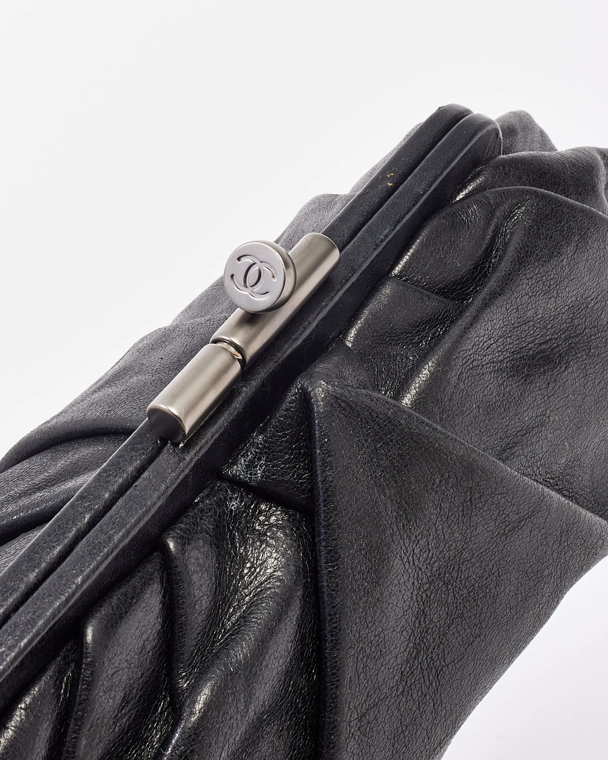 Chanel Black Leather Pouch Logo Clutch