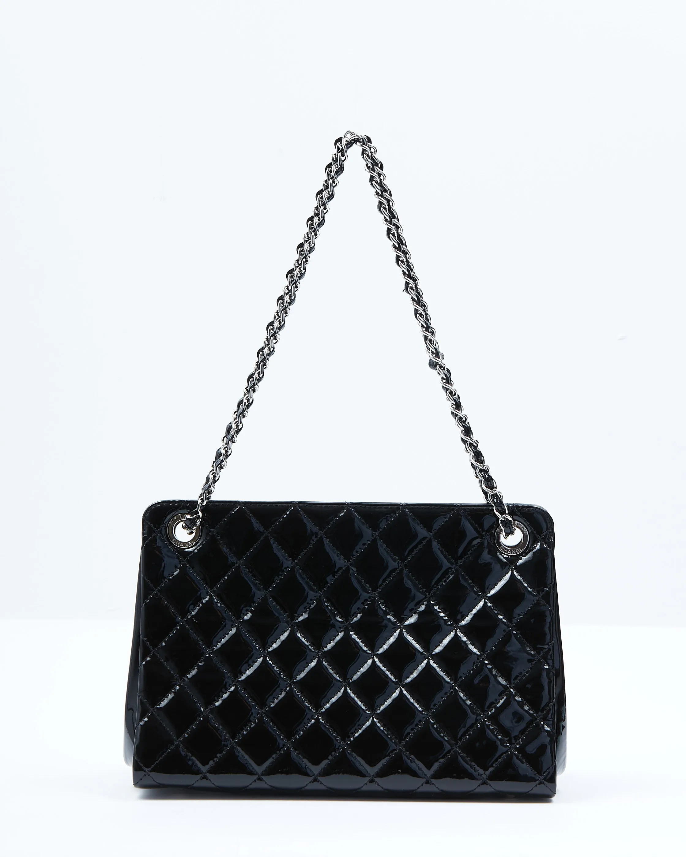 Chanel Black Patent Quilted CC Timeless Shopper Tote Chain Bag