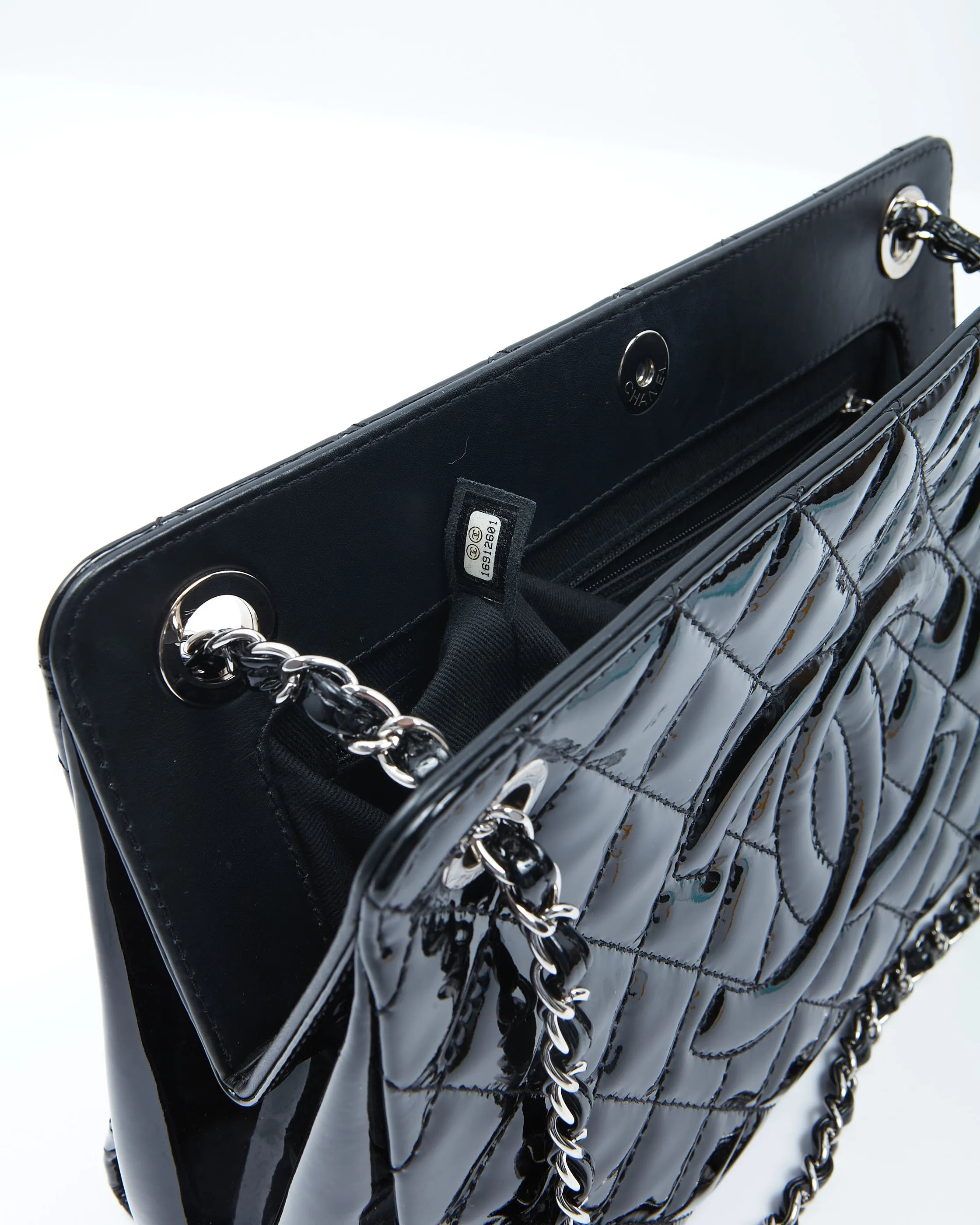 Chanel Black Patent Quilted CC Timeless Shopper Tote Chain Bag