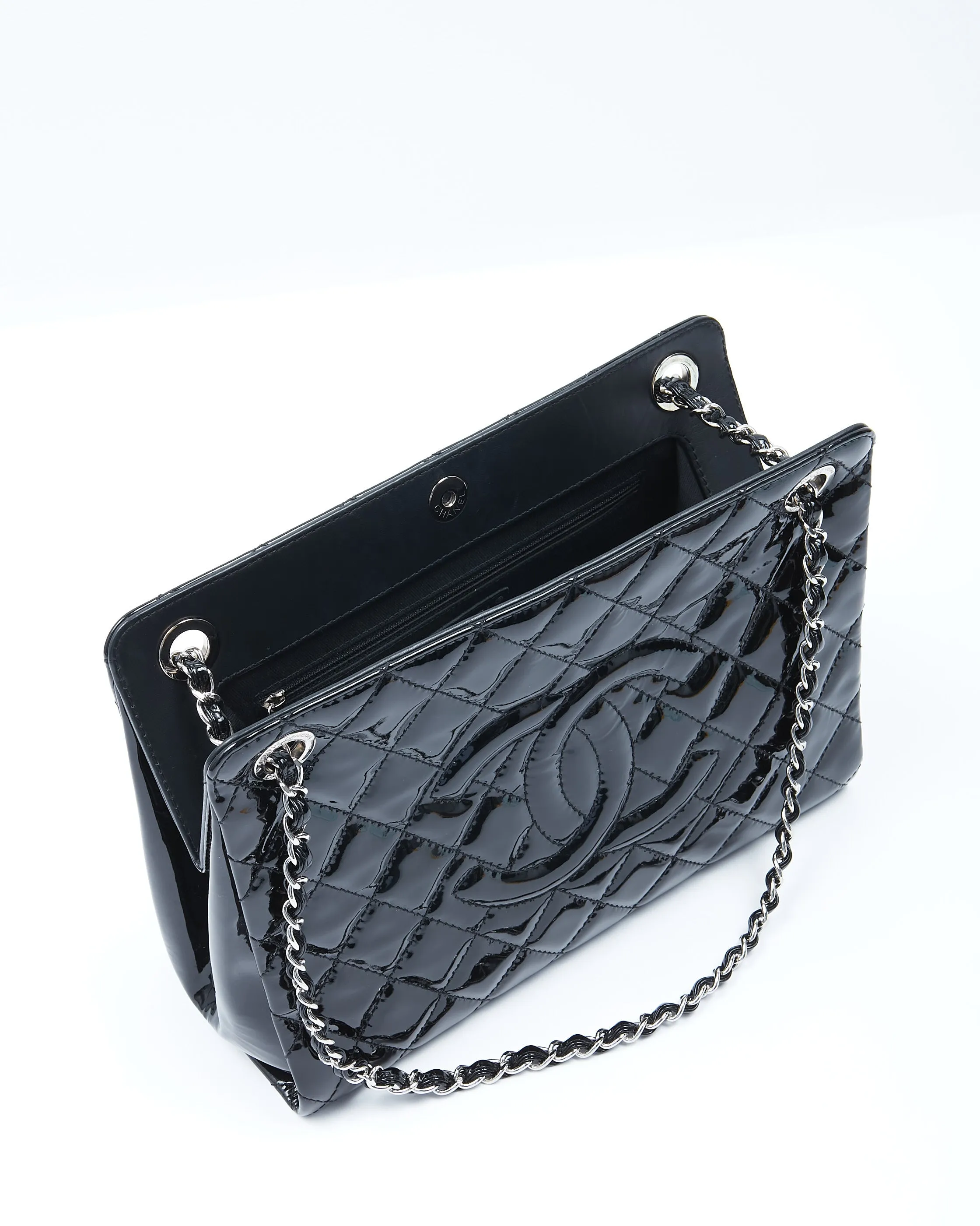 Chanel Black Patent Quilted CC Timeless Shopper Tote Chain Bag