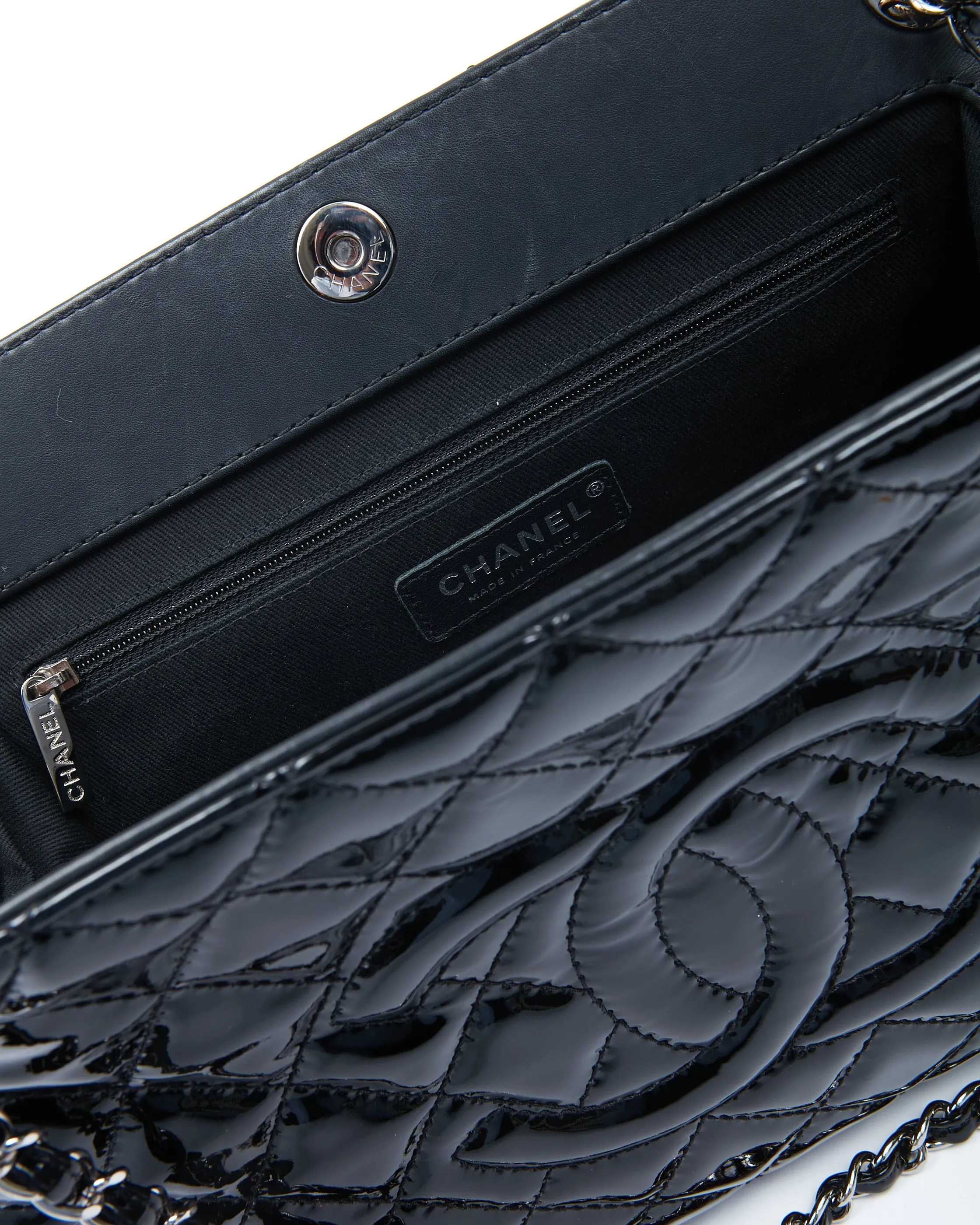 Chanel Black Patent Quilted CC Timeless Shopper Tote Chain Bag