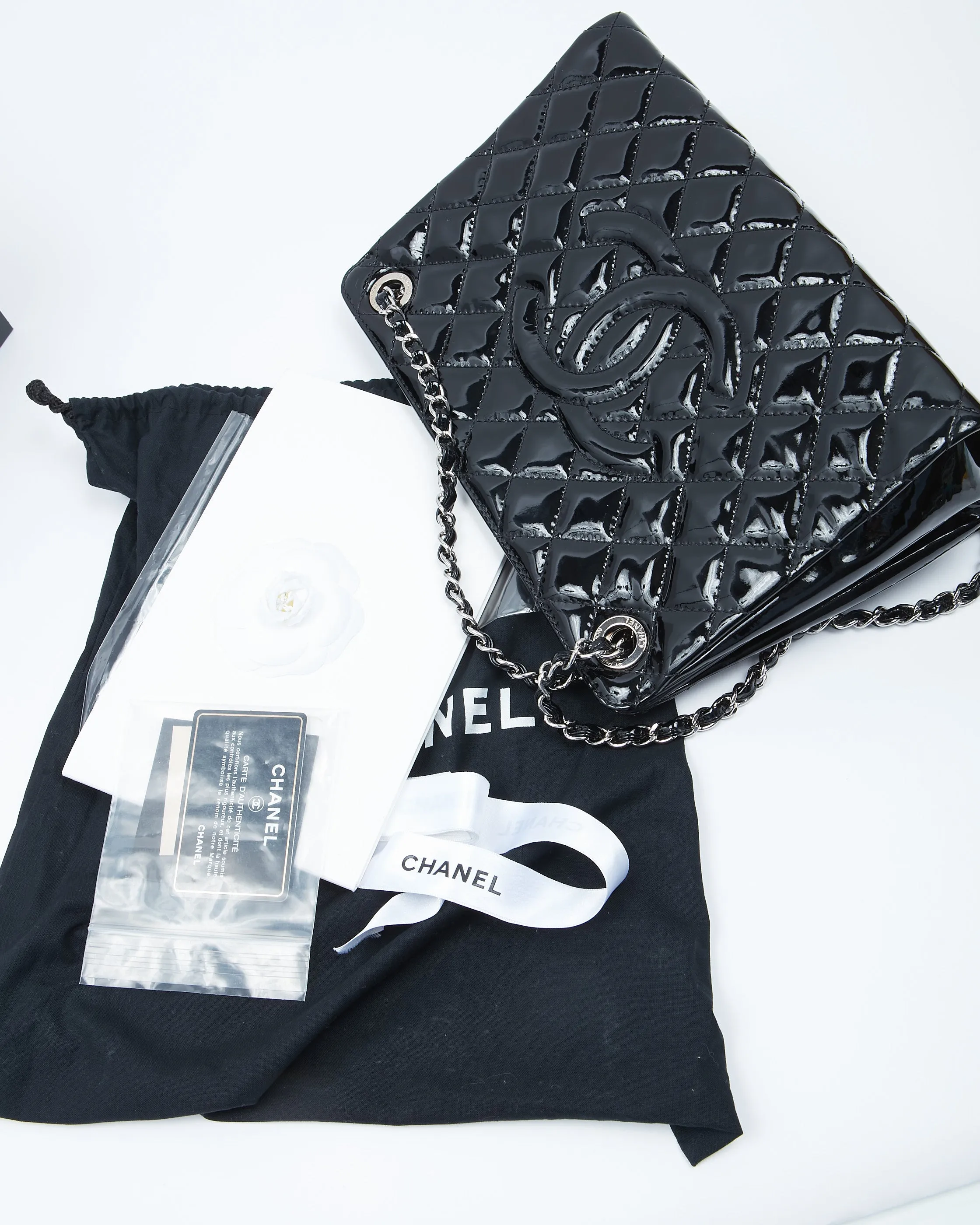 Chanel Black Patent Quilted CC Timeless Shopper Tote Chain Bag