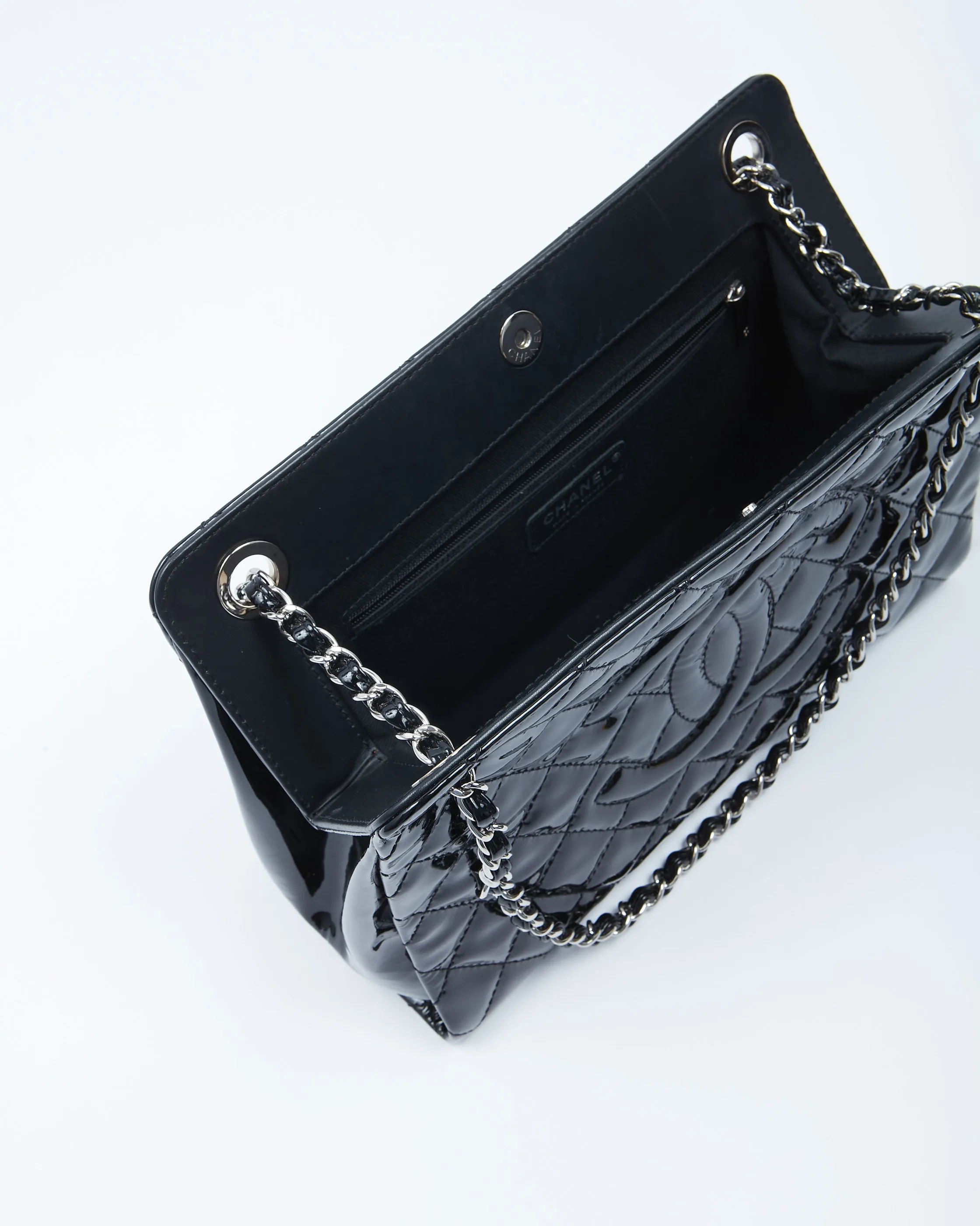 Chanel Black Patent Quilted CC Timeless Shopper Tote Chain Bag