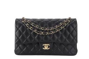 CHANEL CLASSIC FLAP MEDIUM BLACK LAMBSKIN GOLD HARDWARE WITH CARD (3040xxxx) WITH DUST COVER  AND BOX