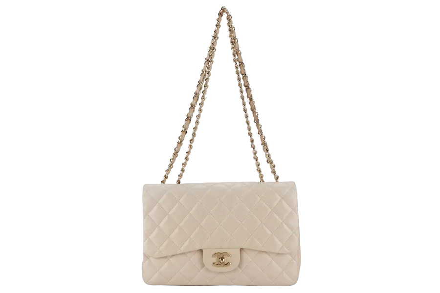 CHANEL CLASSIC SINGLE FLAP (1309xxxx) JUMBO BEIGE LAMBSKIN GOLD HARDWARE WITH CARD
