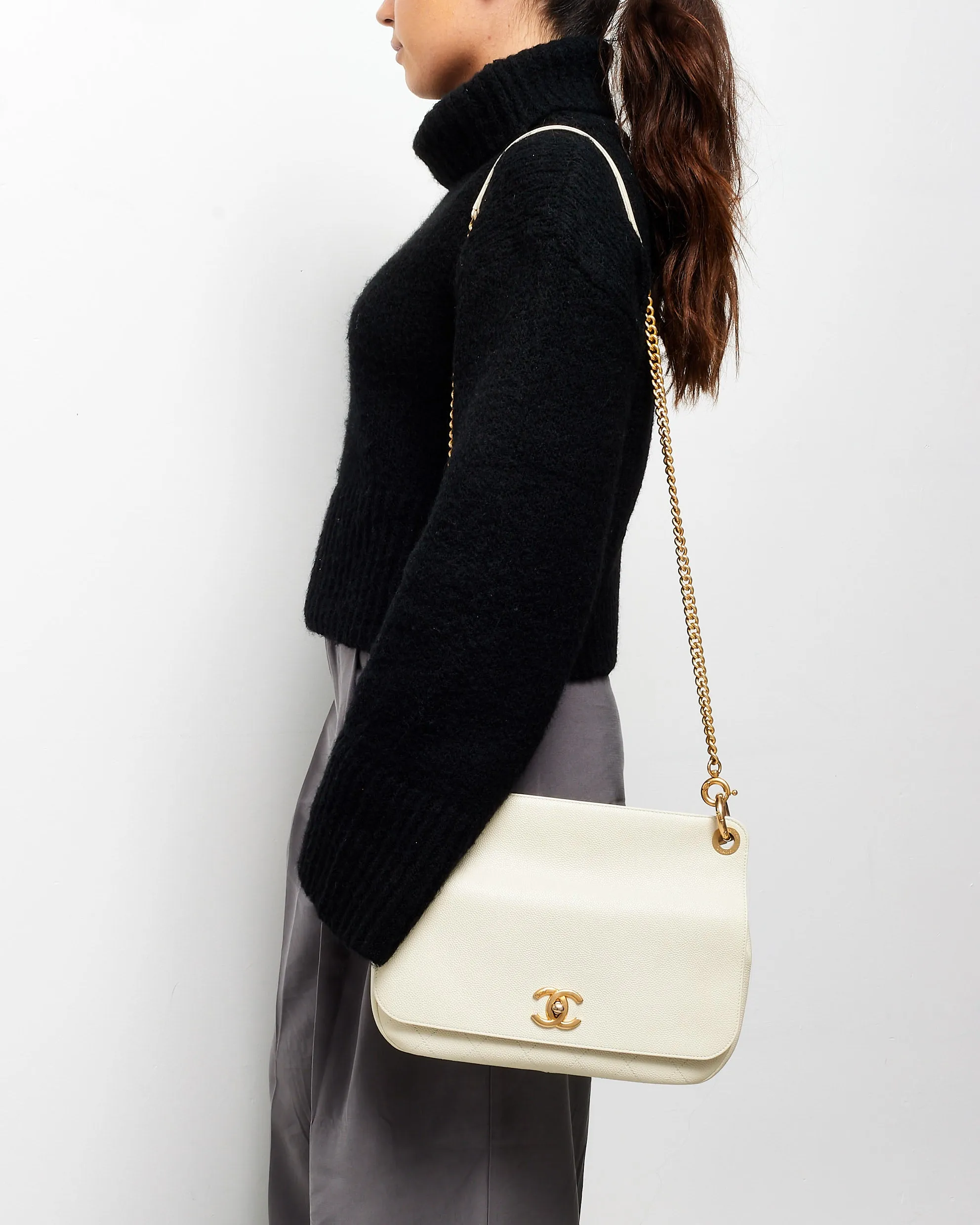Chanel Cream Caviar Leather CC Lock Top Handle Flap Bag