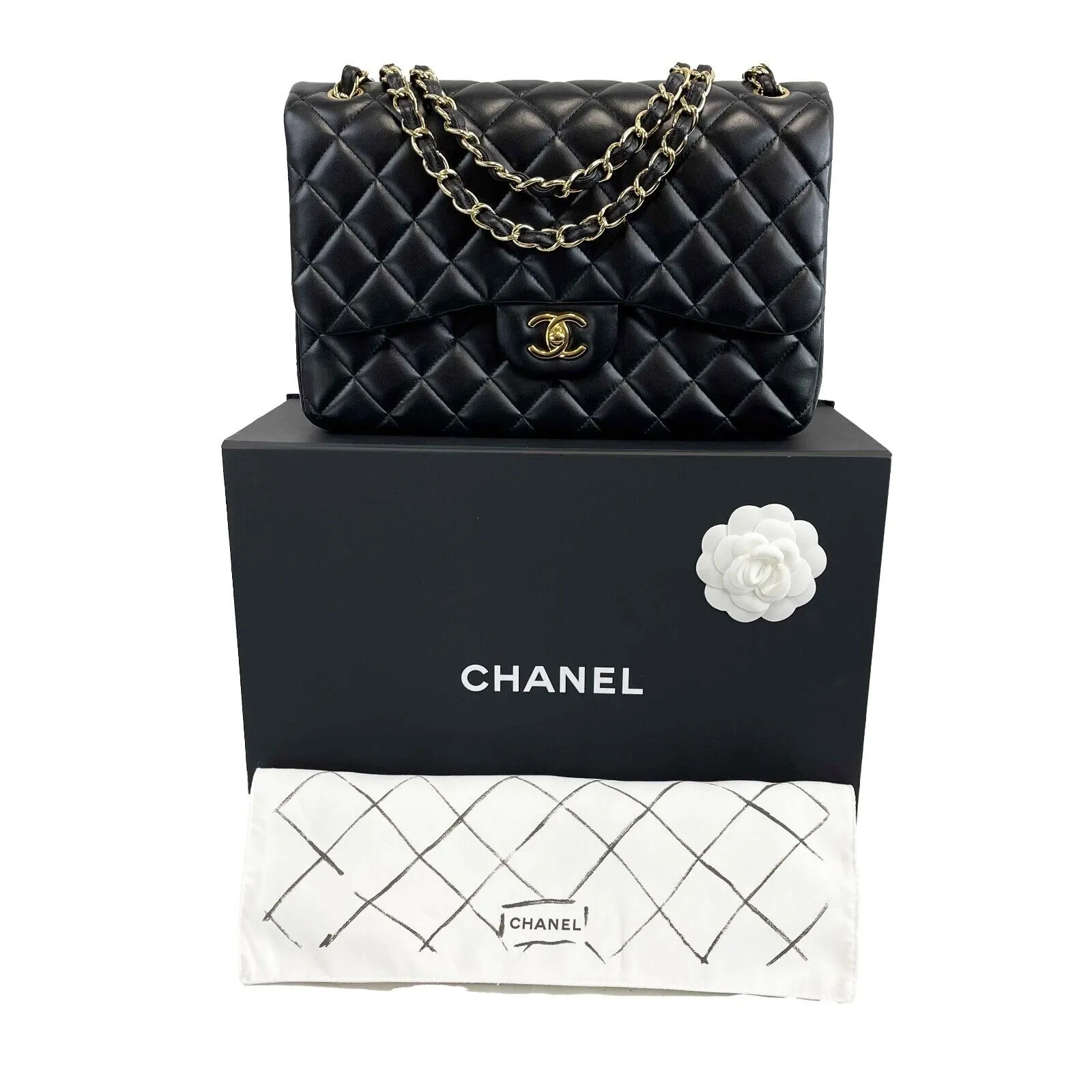 Chanel - Excellent - Quilted Jumbo CC Double Flap Black Lambskin Shoulder Bag