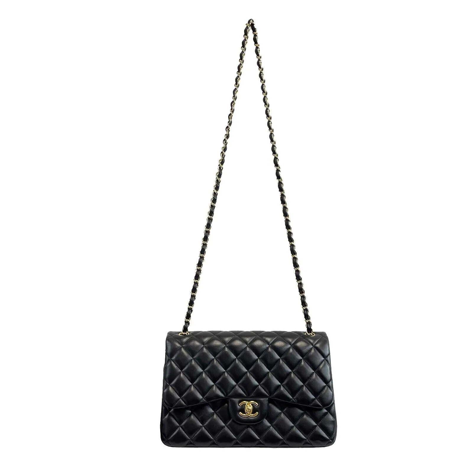 Chanel - Excellent - Quilted Jumbo CC Double Flap Black Lambskin Shoulder Bag