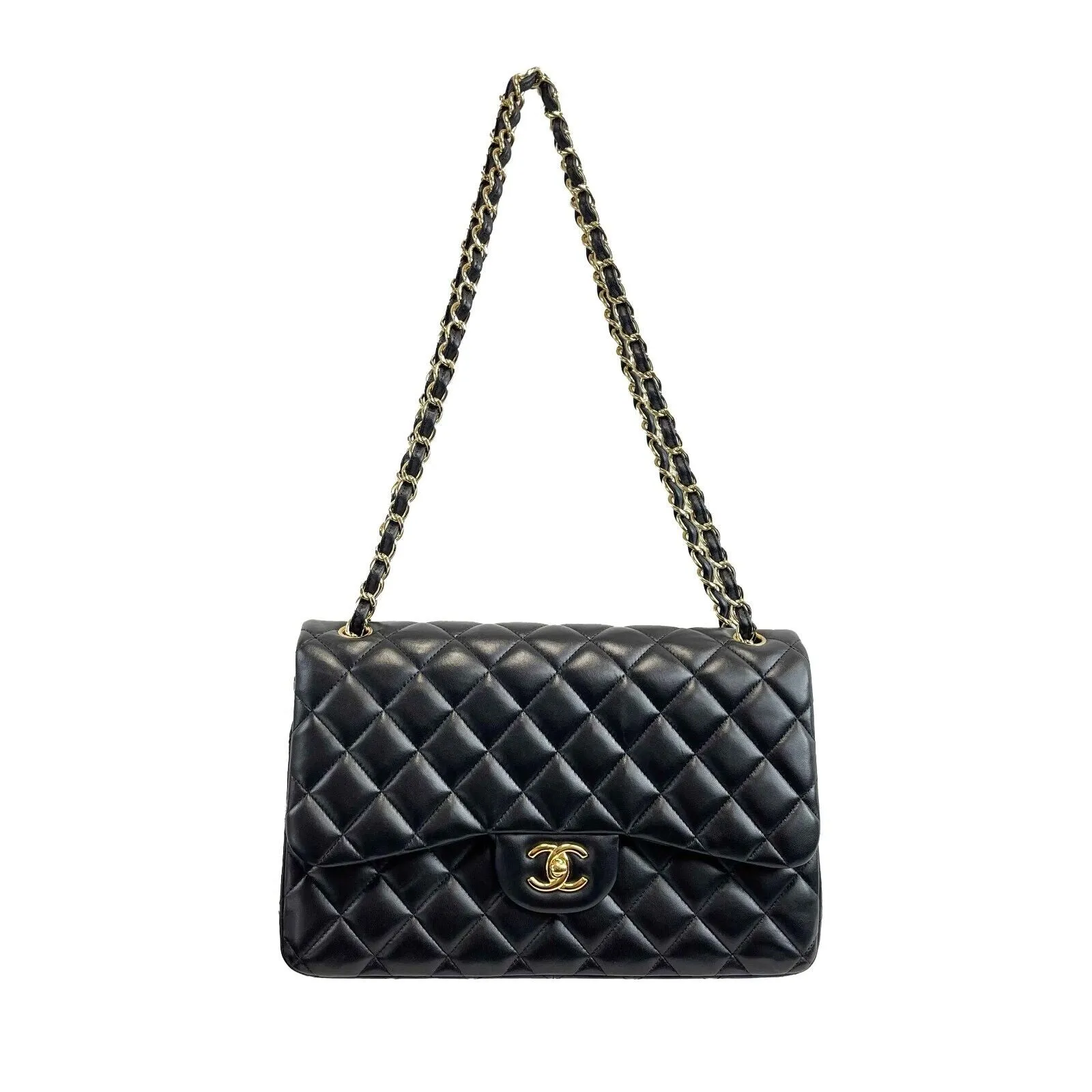Chanel - Excellent - Quilted Jumbo CC Double Flap Black Lambskin Shoulder Bag