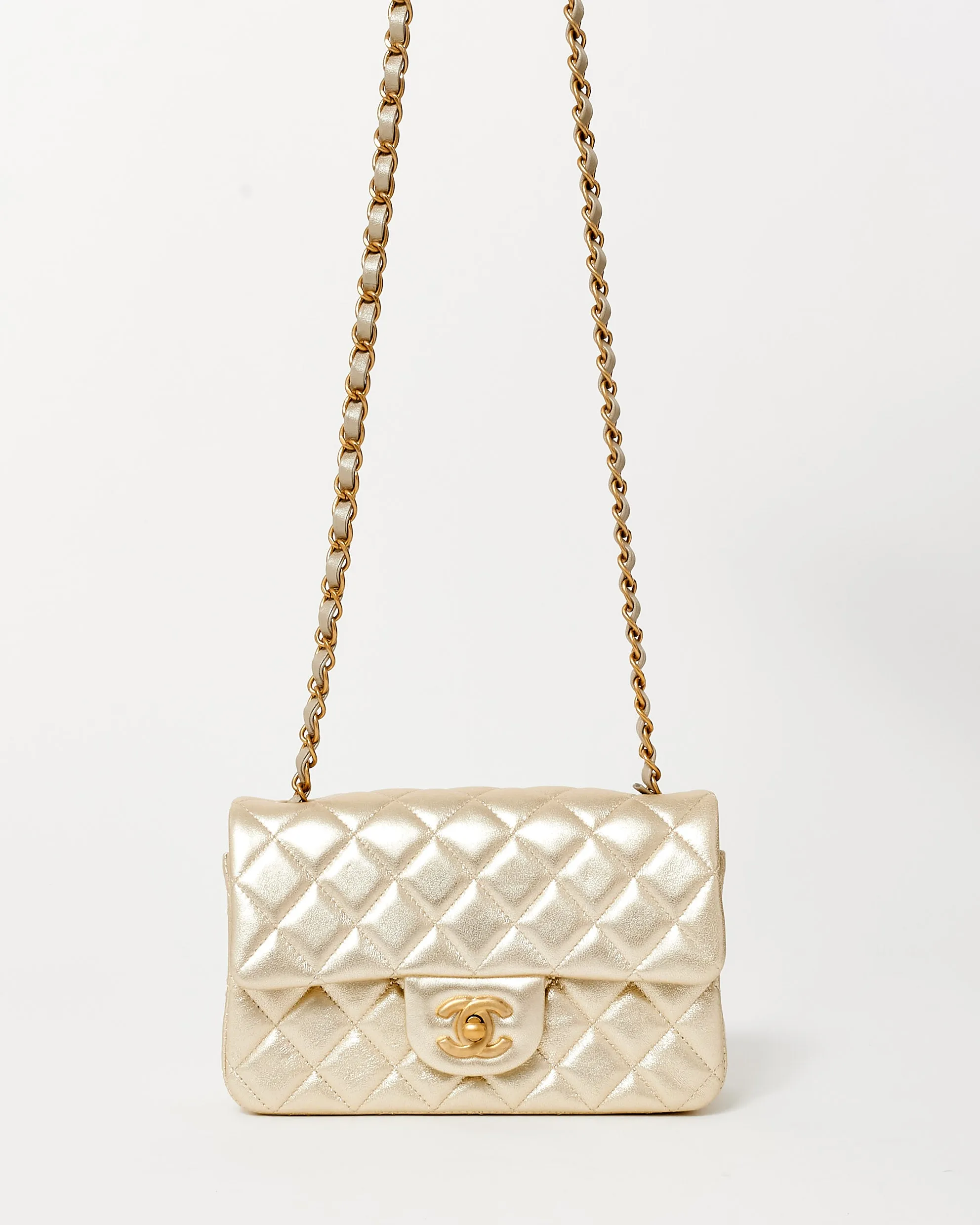 Chanel Gold Lambskin Leather GHW Mini Rectangular Single Flap