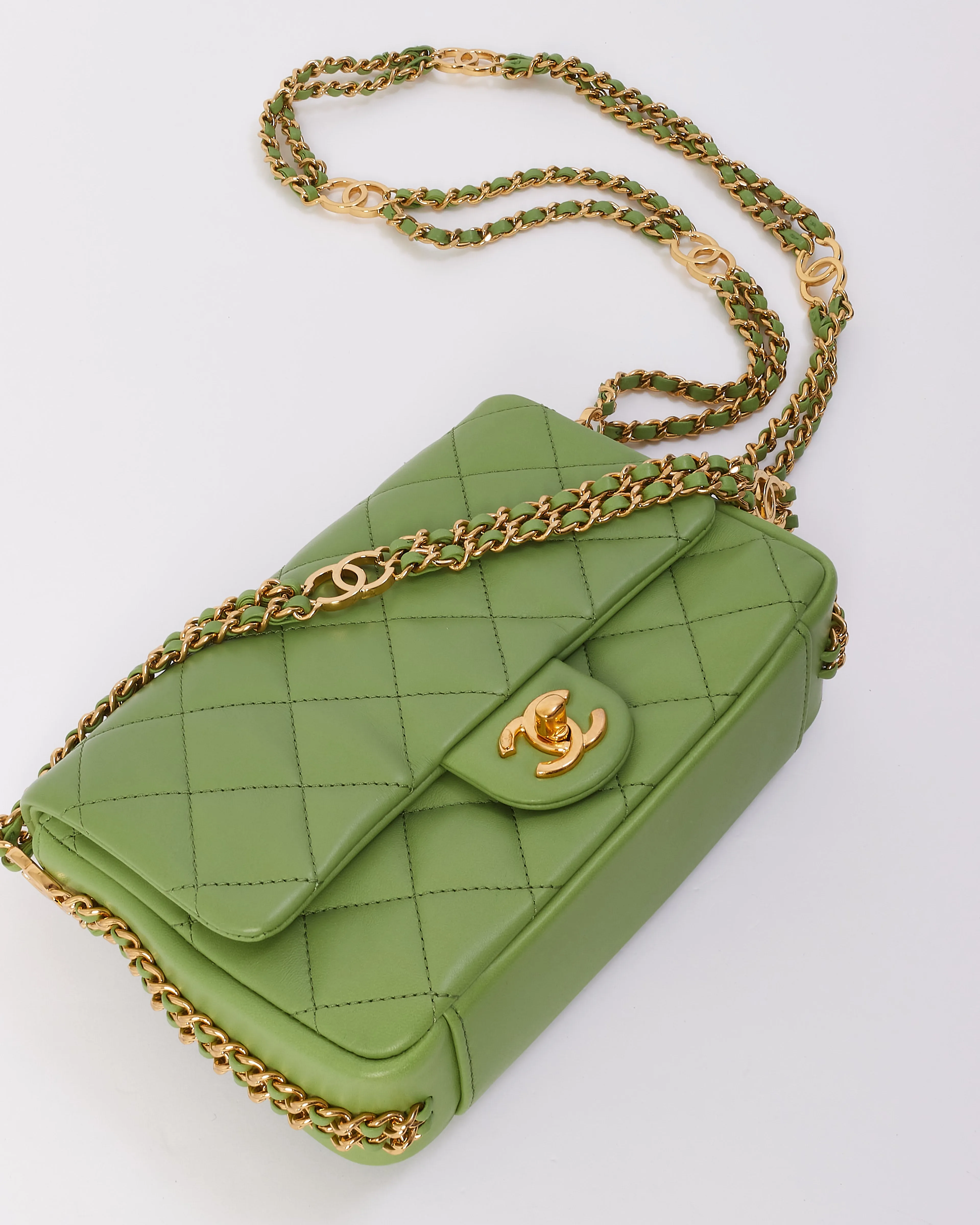 Chanel Green Leather with Gold Double CC Chain Flap Bag