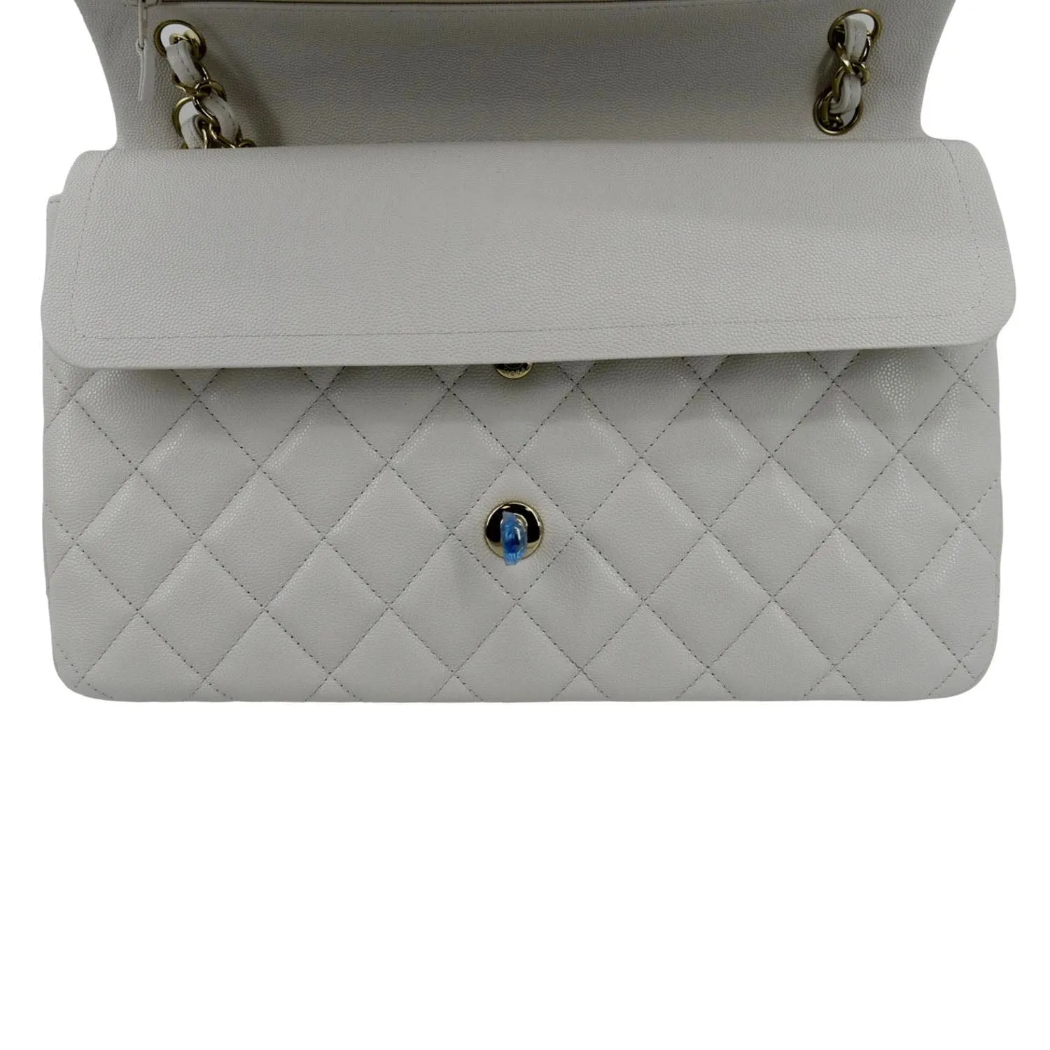 CHANEL Jumbo Double Flap Quilted Caviar Leather Shoulder Bag White