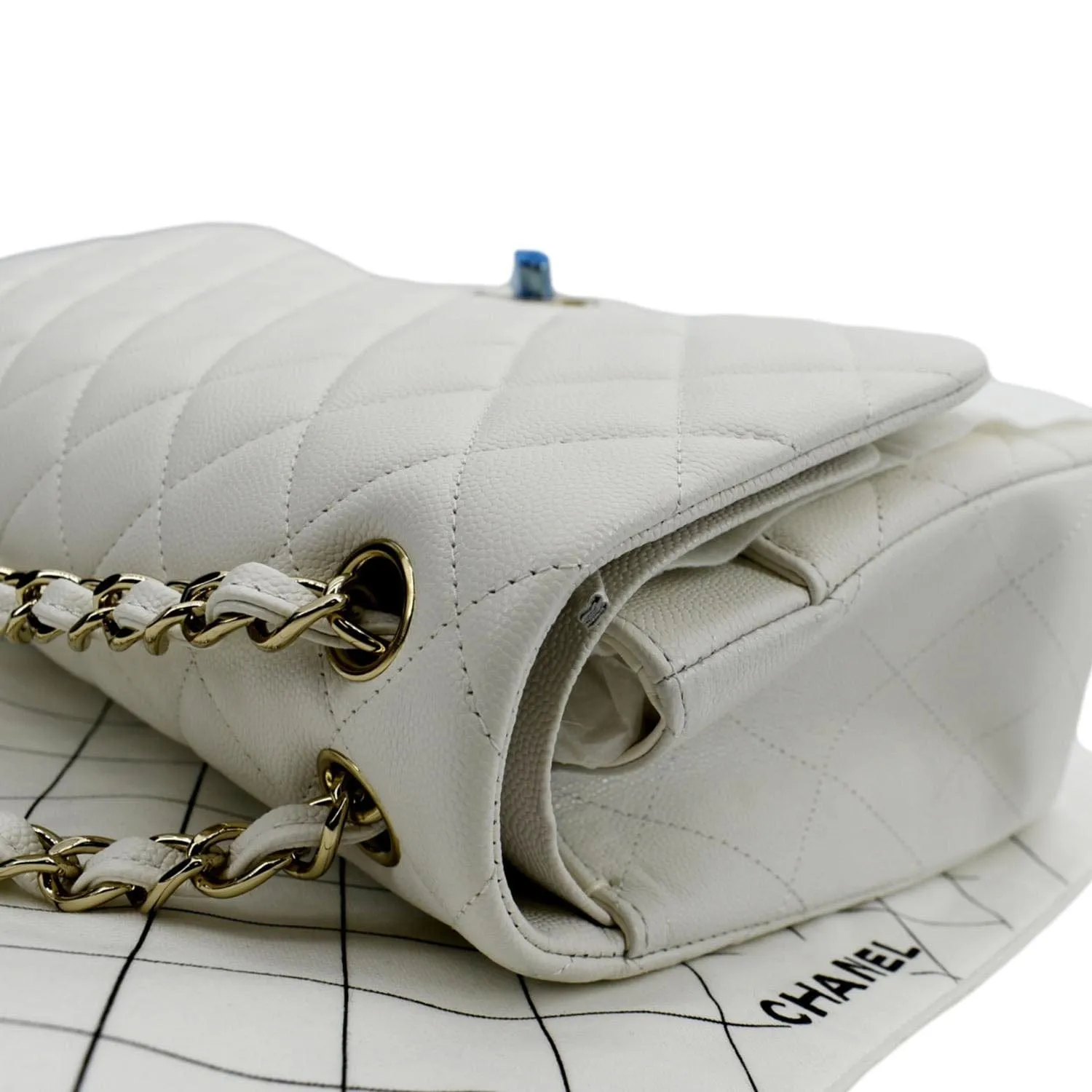 CHANEL Jumbo Double Flap Quilted Caviar Leather Shoulder Bag White