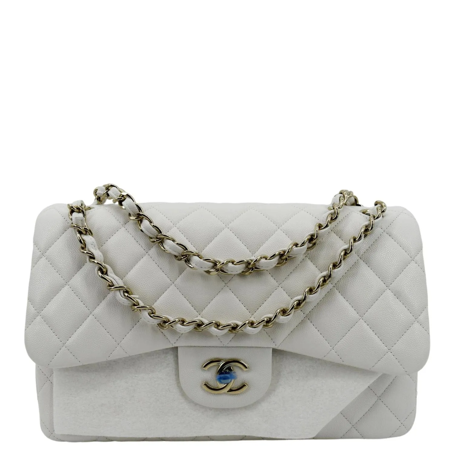 CHANEL Jumbo Double Flap Quilted Caviar Leather Shoulder Bag White