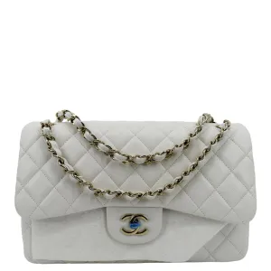 CHANEL Jumbo Double Flap Quilted Caviar Leather Shoulder Bag White