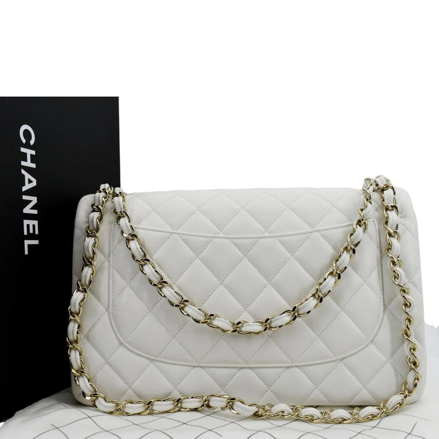 CHANEL Jumbo Double Flap Quilted Caviar Leather Shoulder Bag White