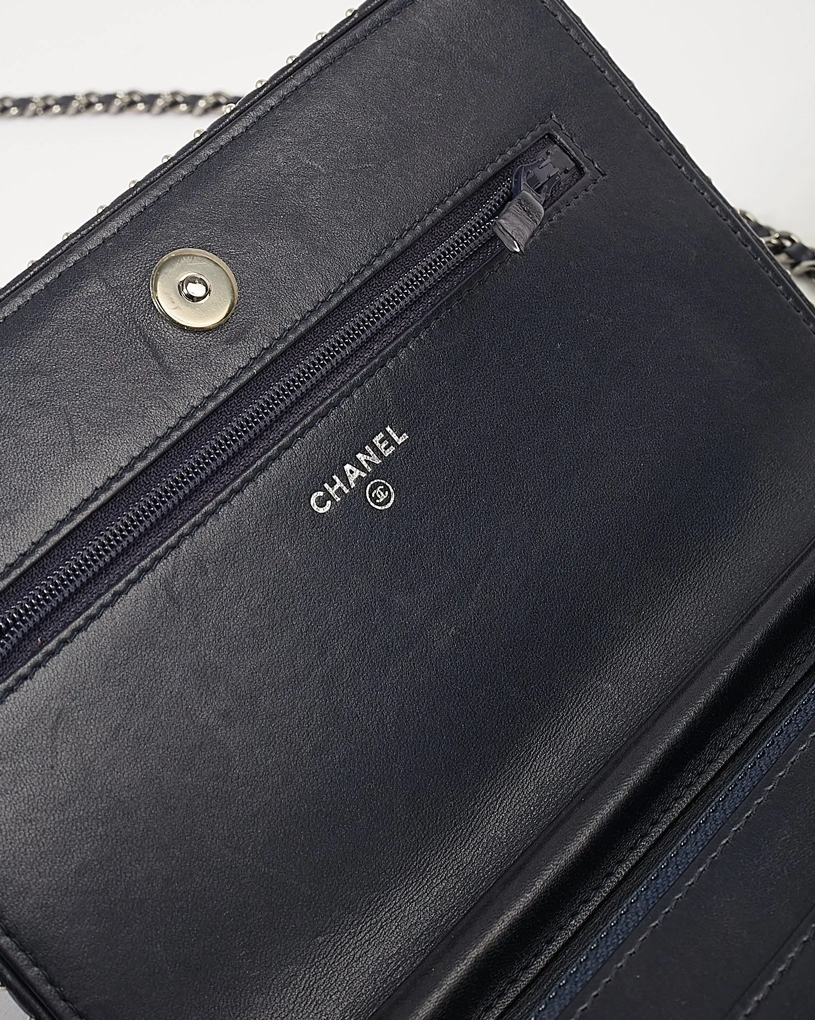 Chanel Navy Metallic Chevron Lambskin Studded Wallet On Chain