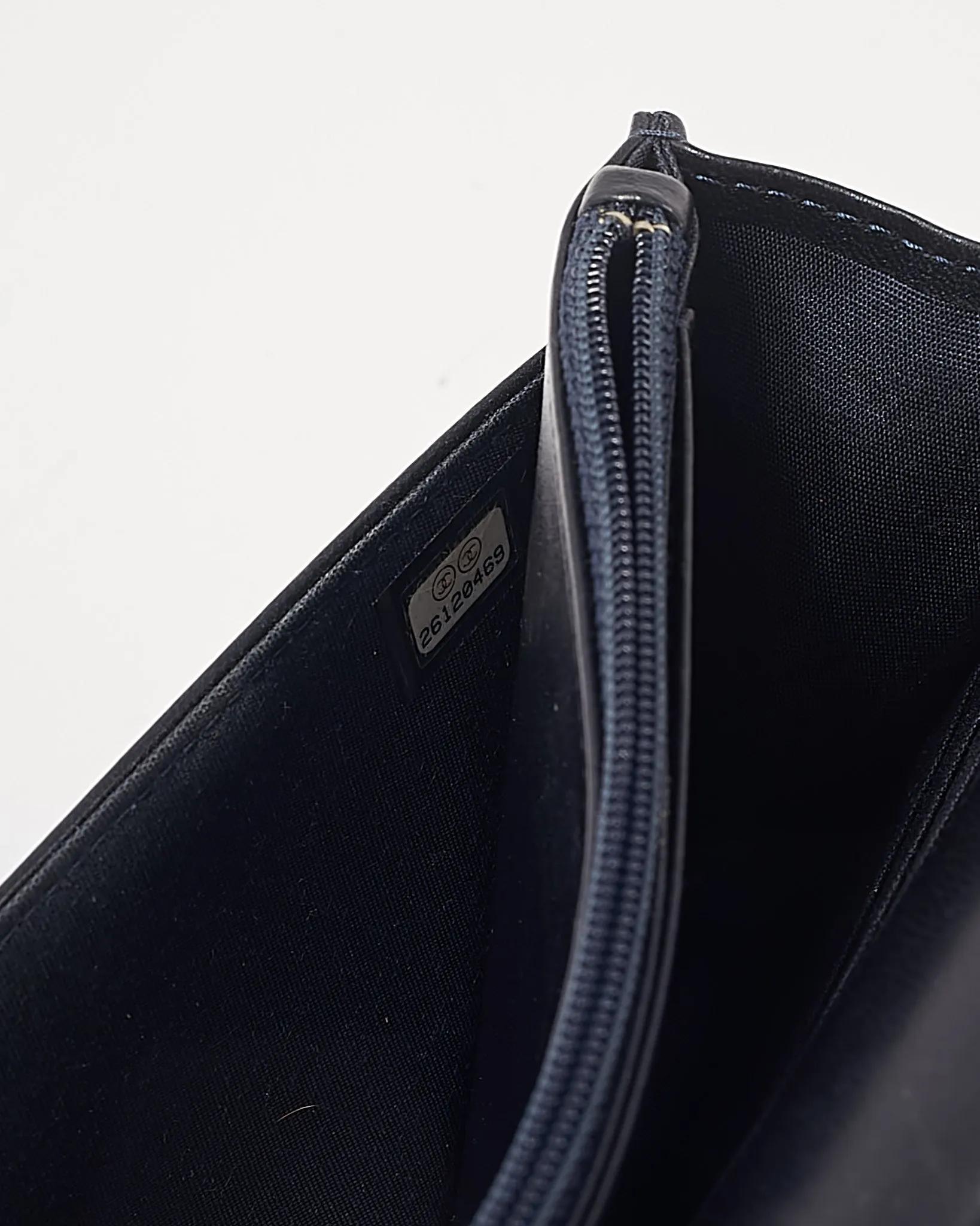Chanel Navy Metallic Chevron Lambskin Studded Wallet On Chain