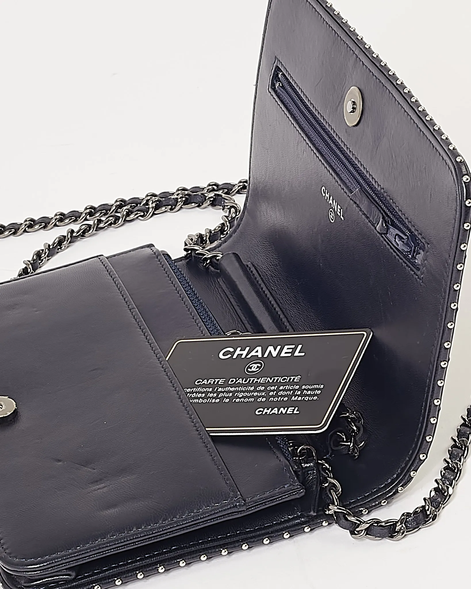 Chanel Navy Metallic Chevron Lambskin Studded Wallet On Chain