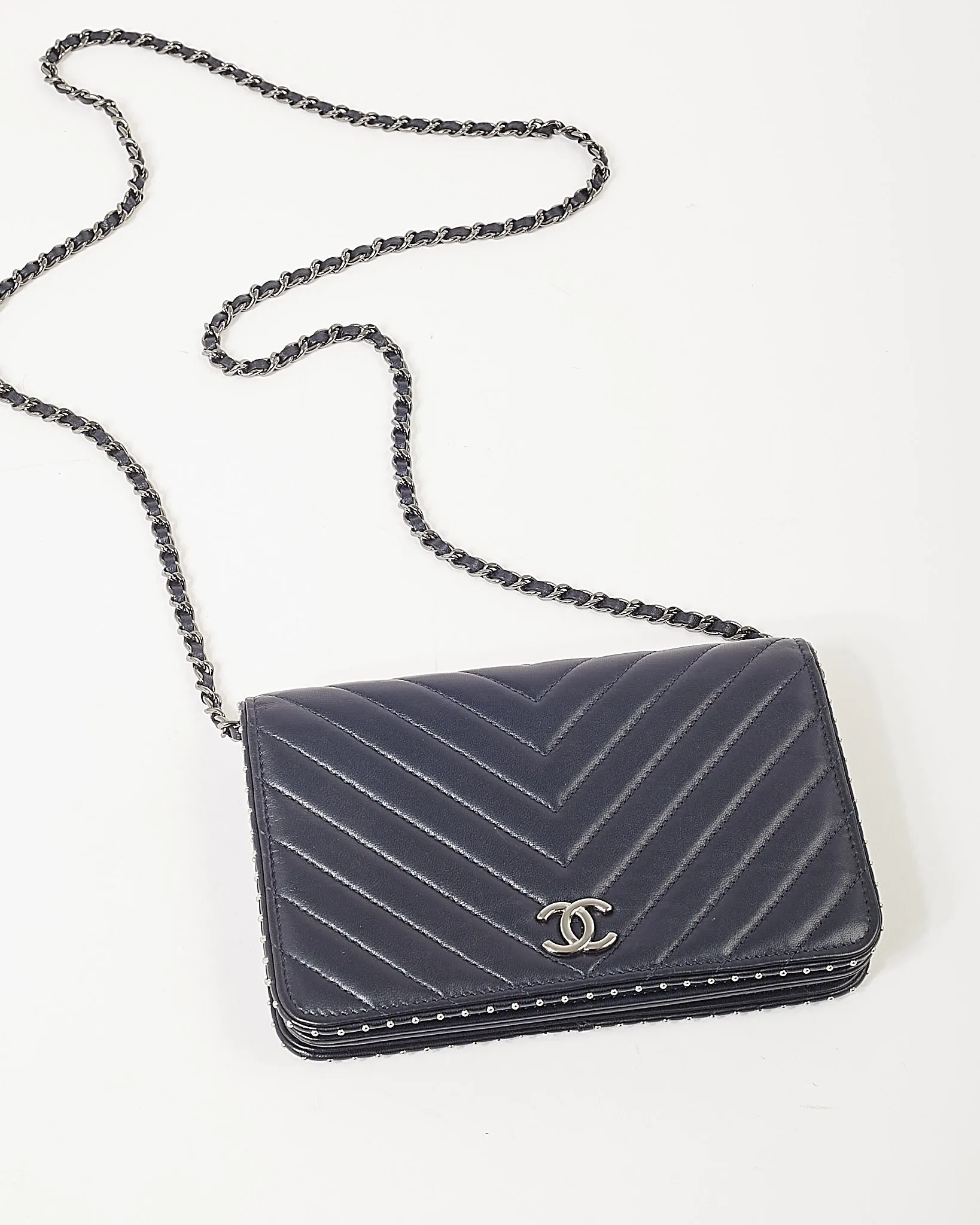 Chanel Navy Metallic Chevron Lambskin Studded Wallet On Chain
