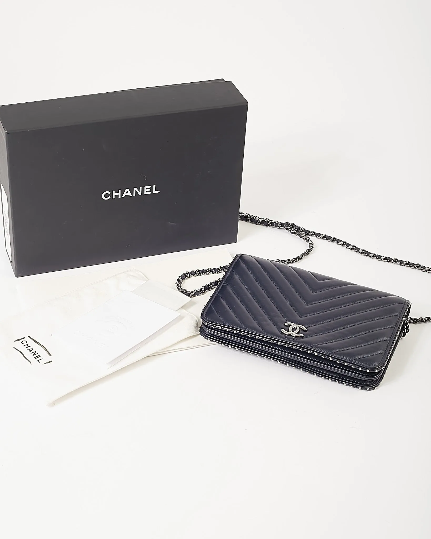 Chanel Navy Metallic Chevron Lambskin Studded Wallet On Chain