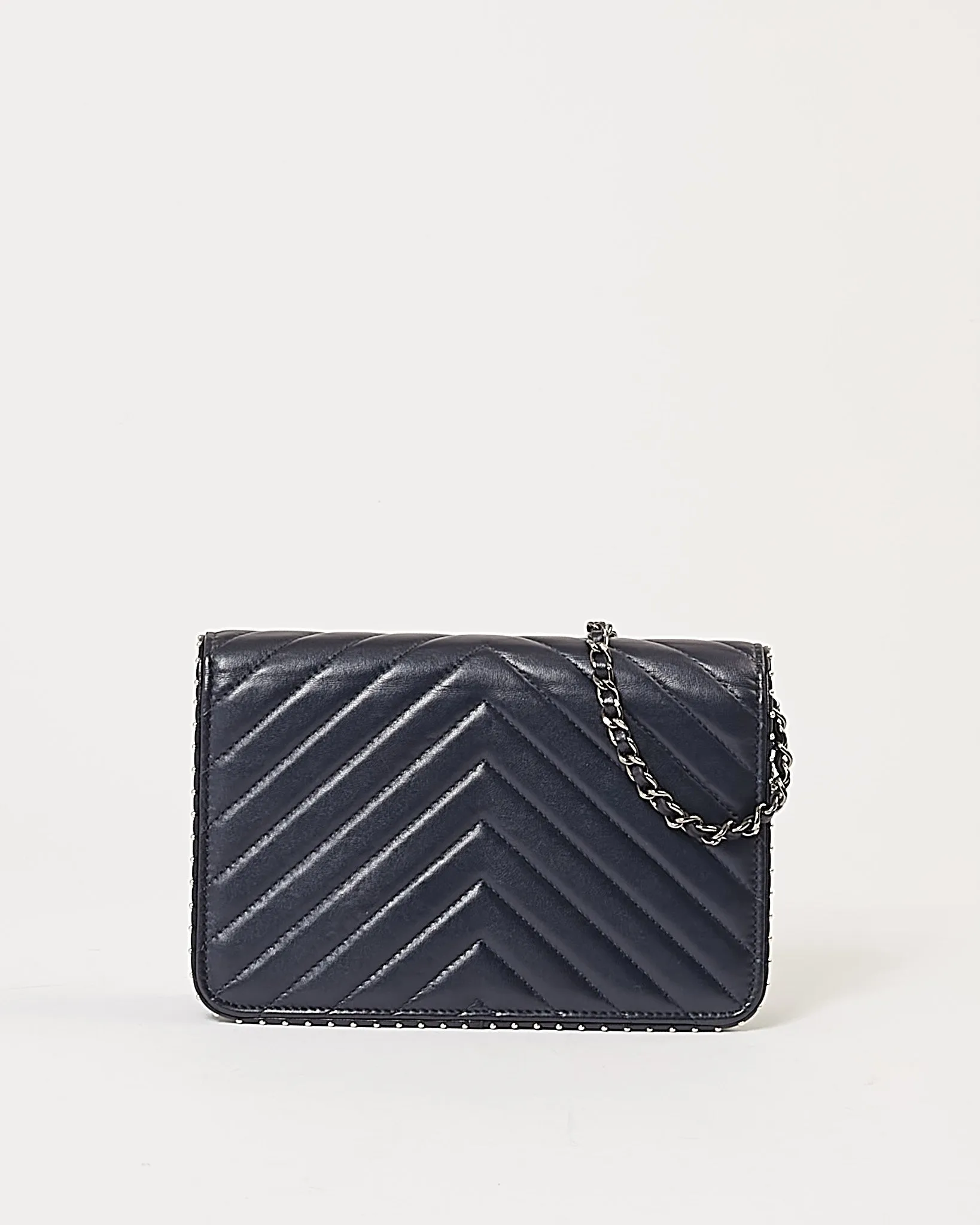 Chanel Navy Metallic Chevron Lambskin Studded Wallet On Chain