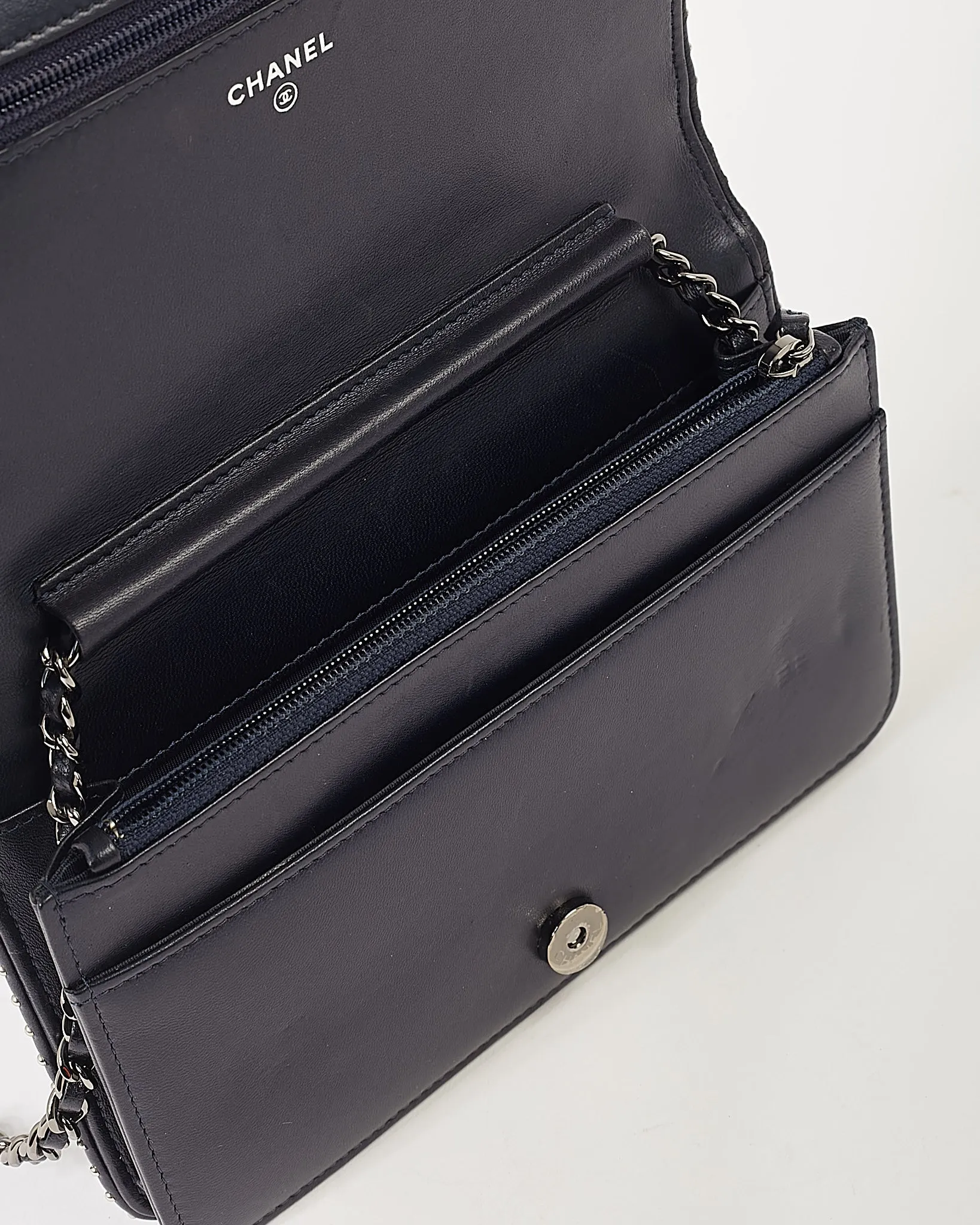 Chanel Navy Metallic Chevron Lambskin Studded Wallet On Chain