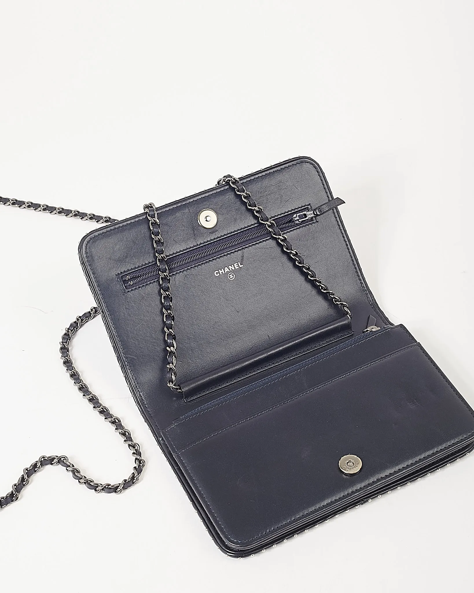 Chanel Navy Metallic Chevron Lambskin Studded Wallet On Chain