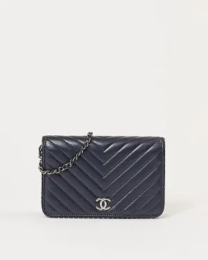 Chanel Navy Metallic Chevron Lambskin Studded Wallet On Chain