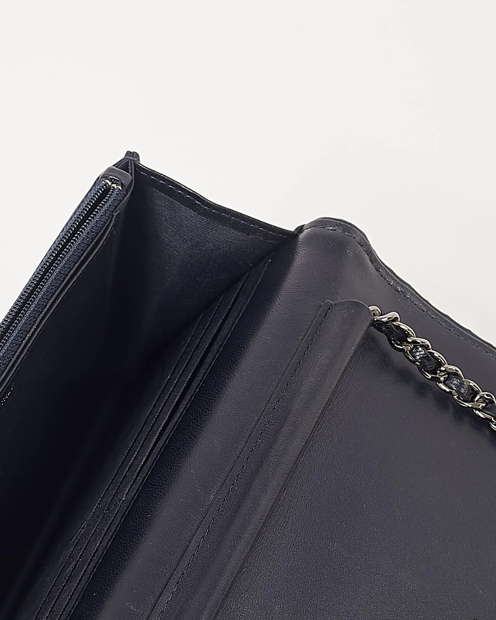Chanel Navy Metallic Chevron Lambskin Studded Wallet On Chain