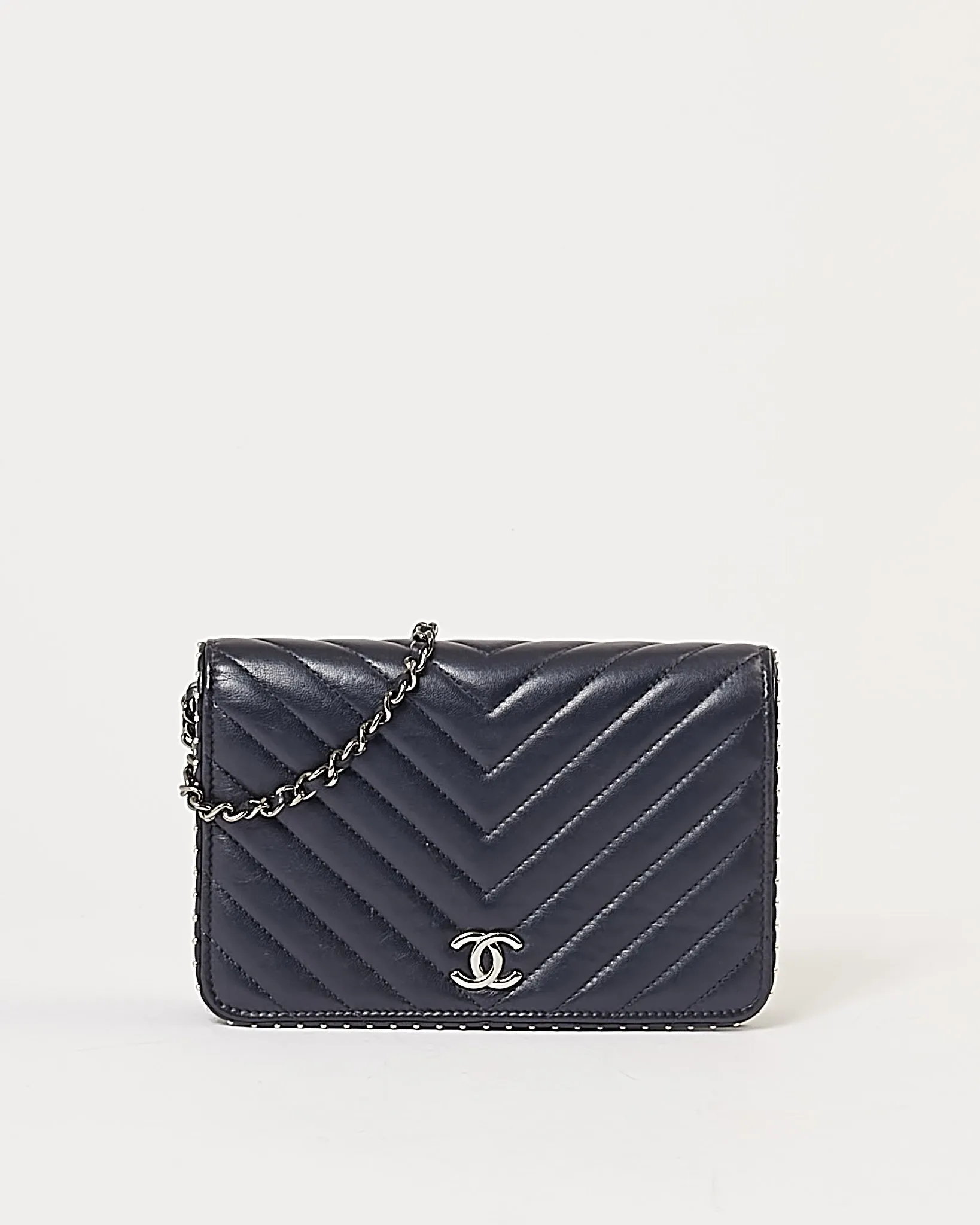 Chanel Navy Metallic Chevron Lambskin Studded Wallet On Chain