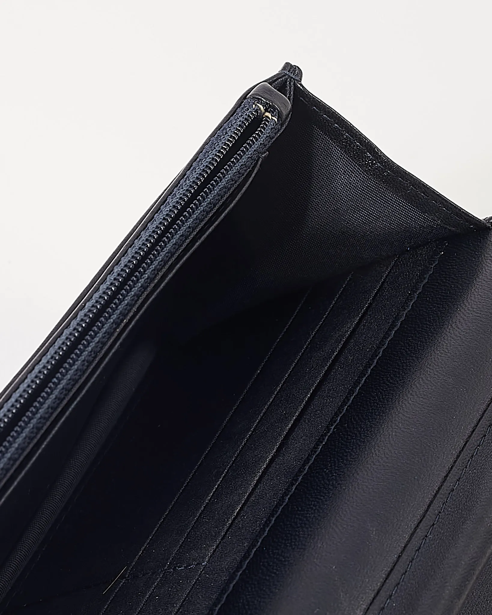 Chanel Navy Metallic Chevron Lambskin Studded Wallet On Chain
