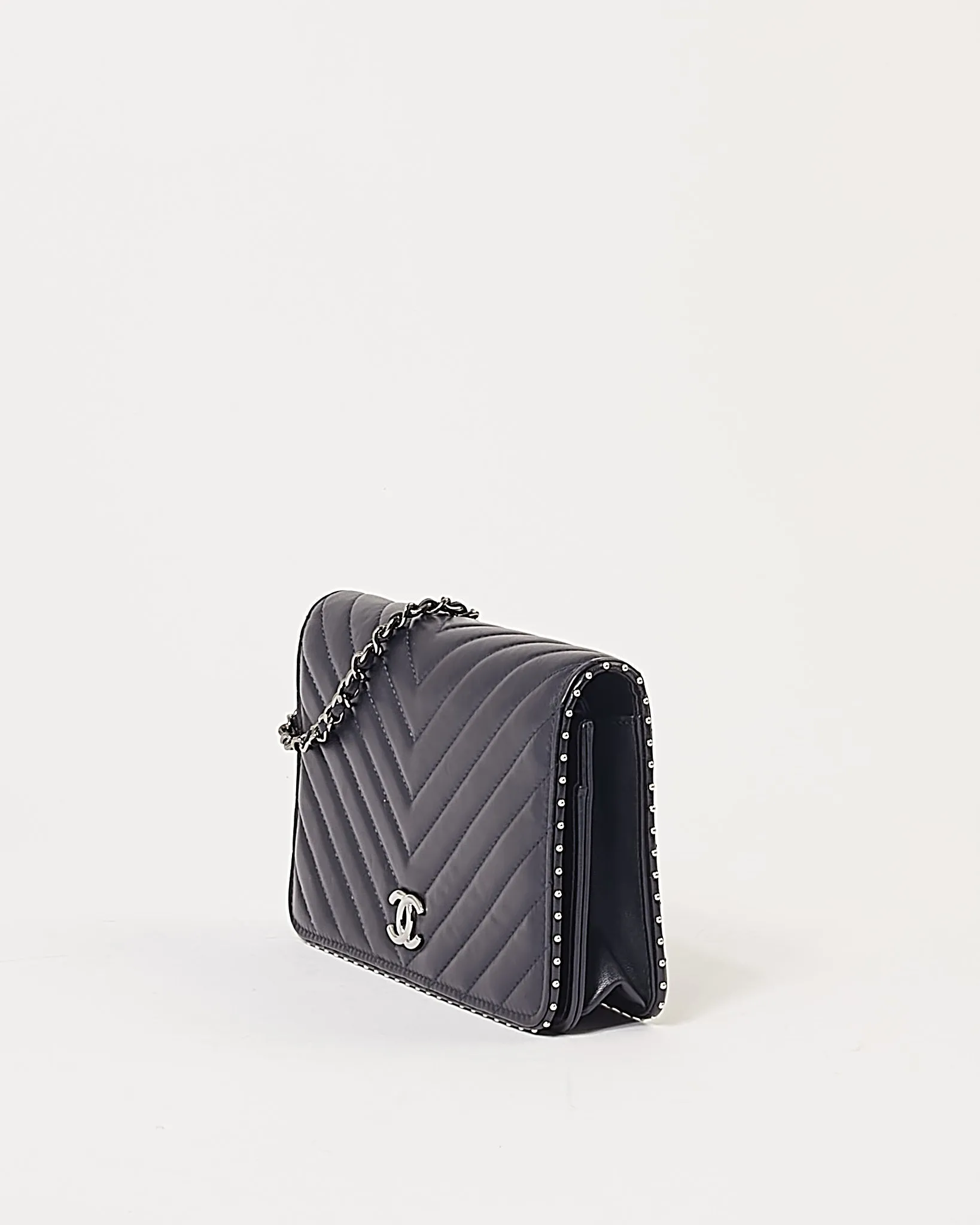 Chanel Navy Metallic Chevron Lambskin Studded Wallet On Chain