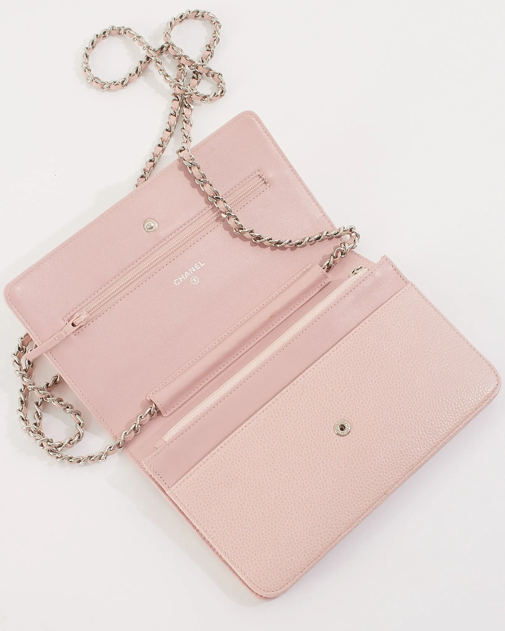 Chanel Pink Caviar Leather Timeless CC Wallet On Chain with Silver Hardware