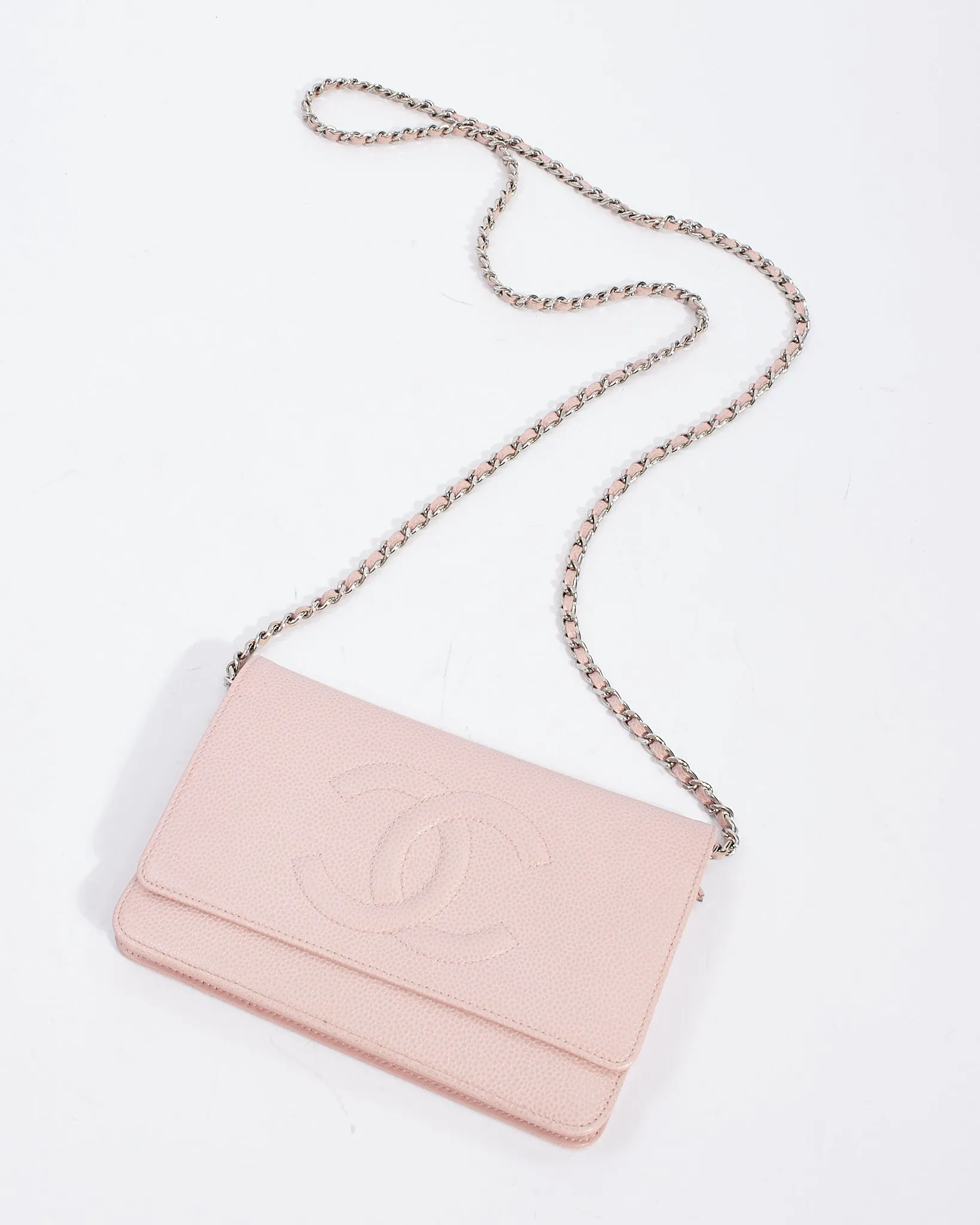 Chanel Pink Caviar Leather Timeless CC Wallet On Chain with Silver Hardware