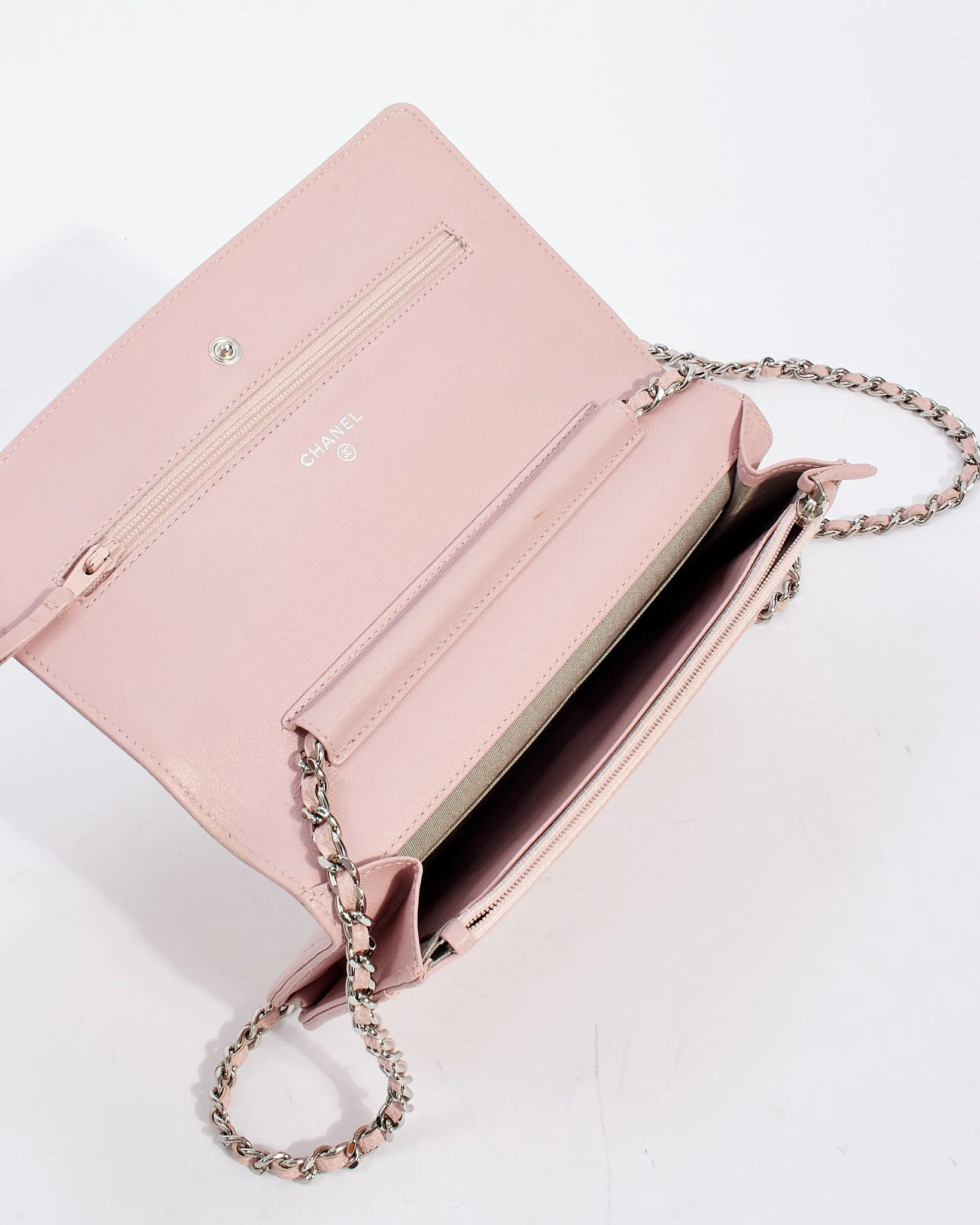 Chanel Pink Caviar Leather Timeless CC Wallet On Chain with Silver Hardware