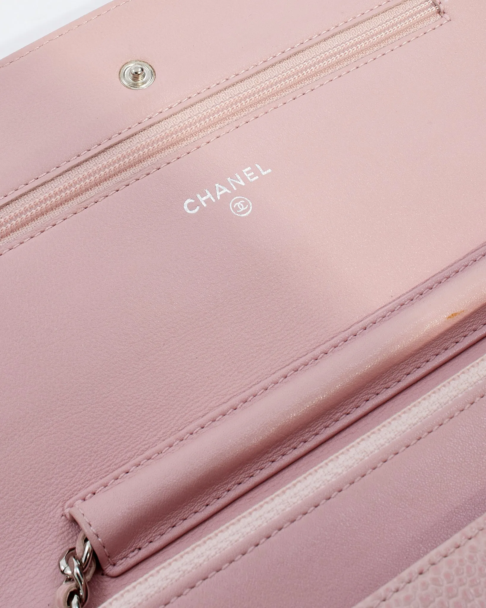 Chanel Pink Caviar Leather Timeless CC Wallet On Chain with Silver Hardware