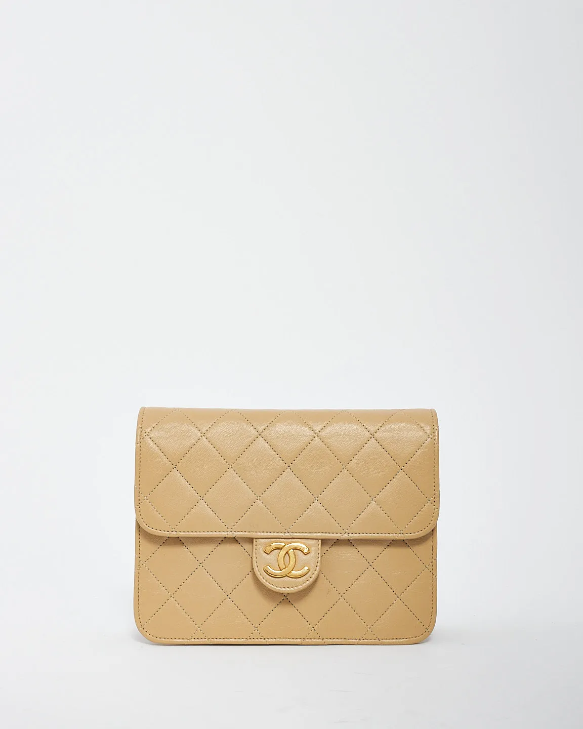 Chanel Vintage Beige Lambskin Quilted 24K Gold Small Square Single Flap Chain Bag