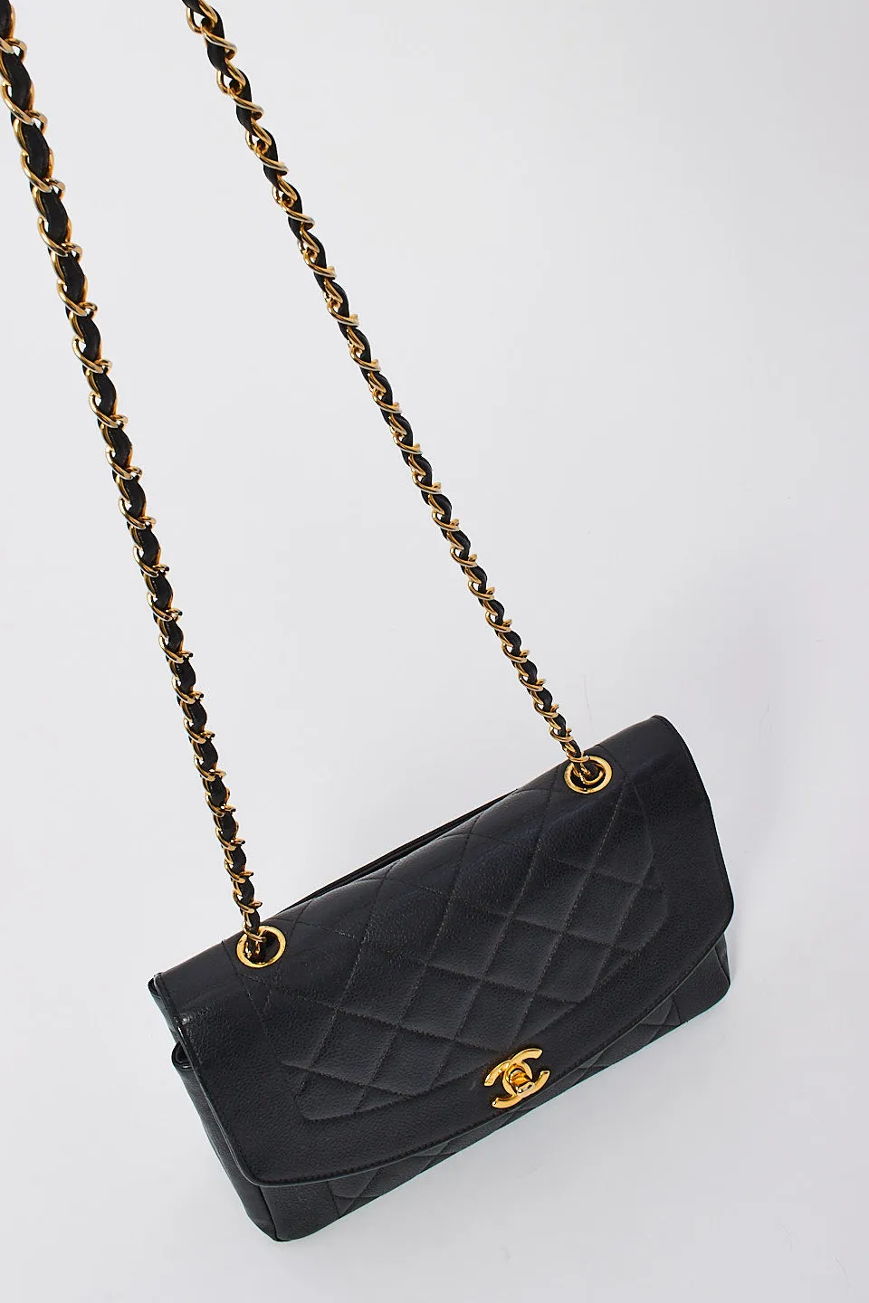 Chanel Vintage Black Caviar Leather Medium Diana Flap Shoulder Bag
