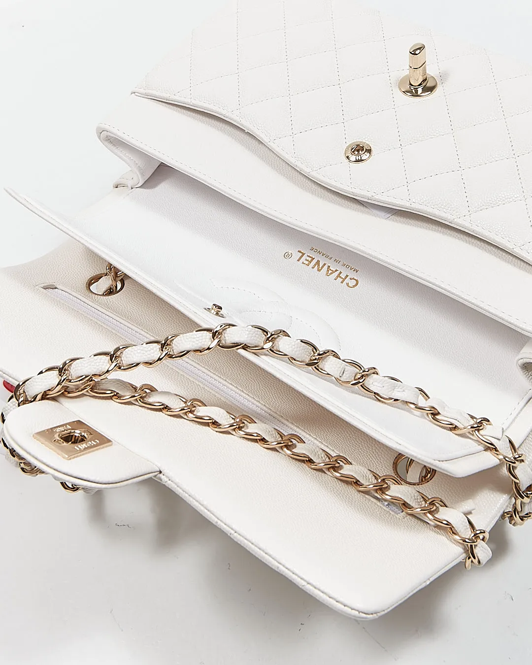 Chanel White Caviar Leather Quilted Medium Double Classic Flap Bag
