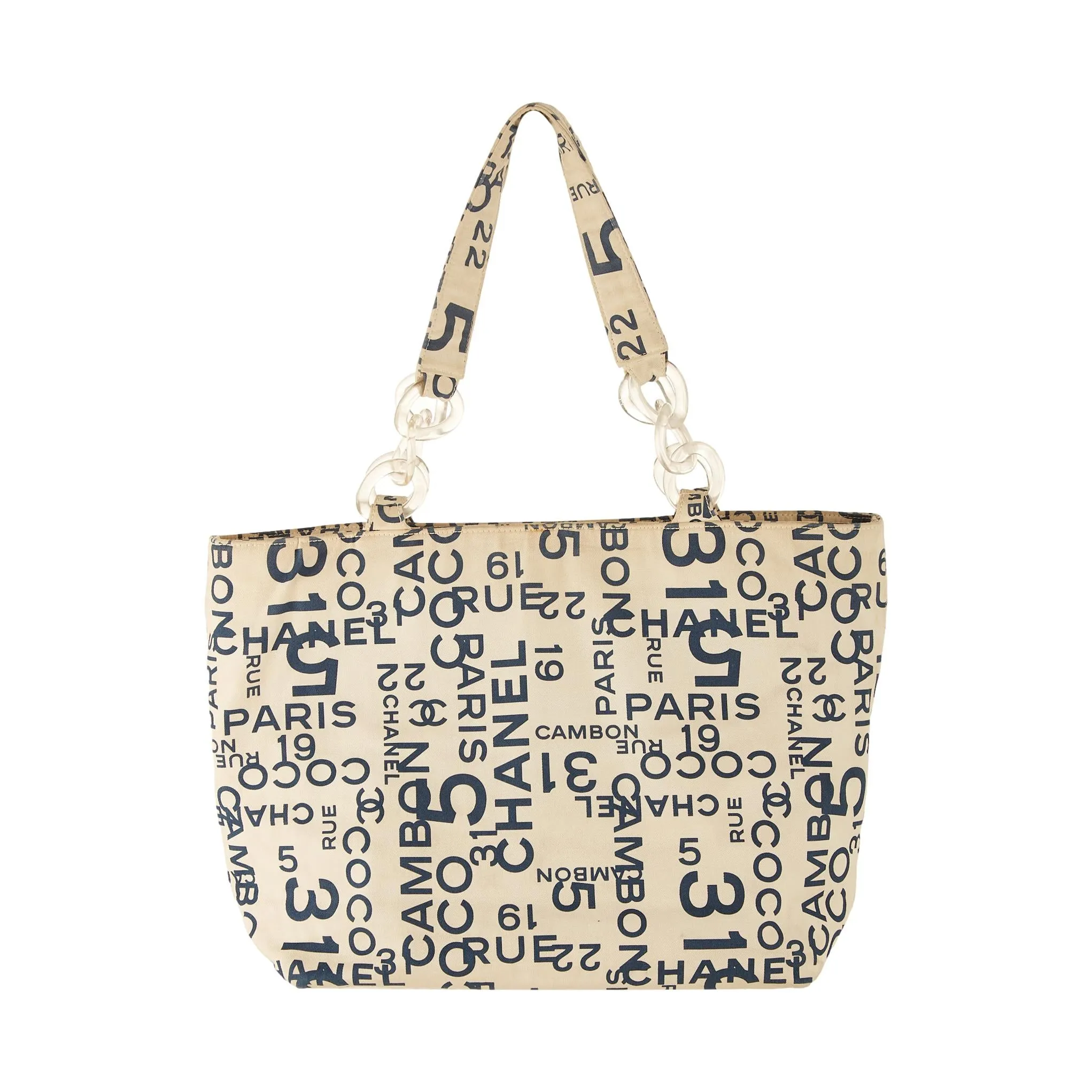 Chanel White Logo Print Jumbo Shoulder Tote