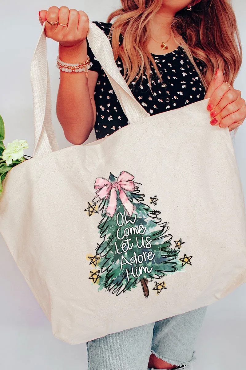 Christmas Tree Let Us Adore Him Canvas Jumbo Tote