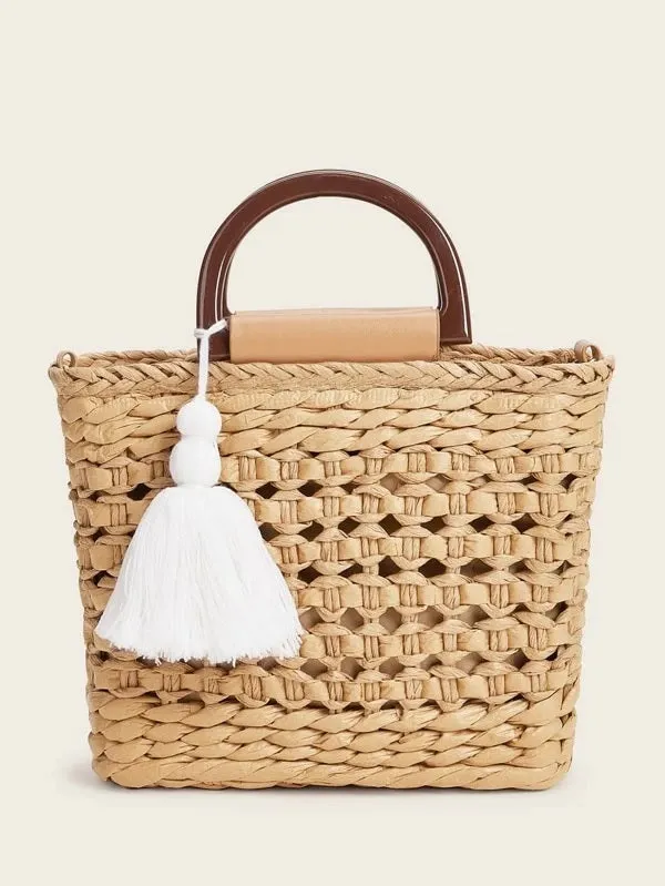 CM-BGS318583 Women Trendy Seoul Style Tassel Charm Braided Satchel Bag - Khaki