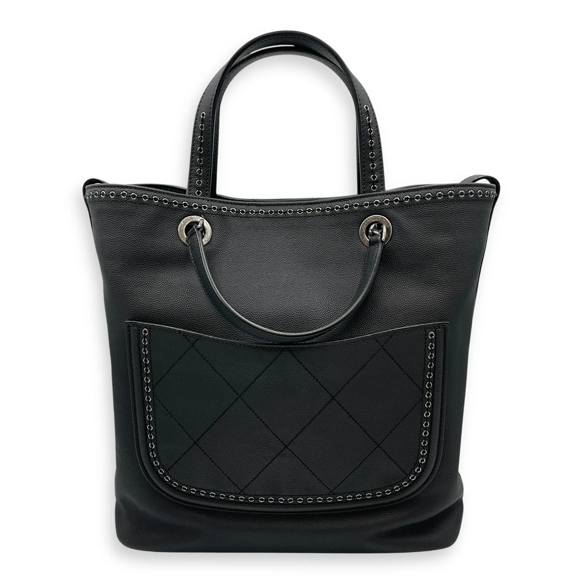 Coco Eyelets Vertical Black Tote Bag in Calfskin, Ruthenium hardware